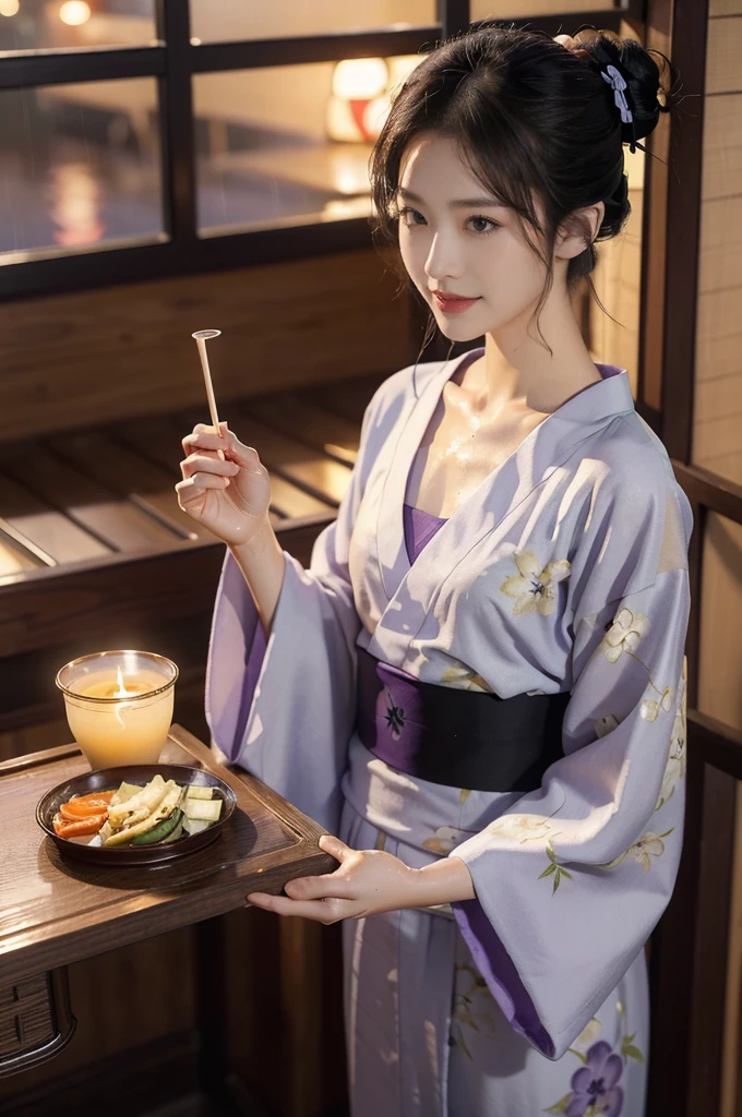 (((best quality))),(((ultra detailed))),(((masterpiece))),illustration,((1 beautiful Japannese girl,solo)),((slim,thin)),((small breasts,flat chest)),(in izakaya:1.3),(summer:1.2),(rainy:1.3),(indoor:1.2),(night scene:1.3),(wet:1.3),(purple floral yukata:1.3),neat bun,porcelain skin,rouge,dimly lit,warm glow,ethereal,(standing:1.3),(hands on both sides:1.3),sake bottle,half-empty glass,tray,grilled fish,steamed vegetables,half-eaten,melancholic smile,storm,solitude,enigmatic aura,tranquility,chaos,simplicity,mysterious,captivating,((from front,upper body))