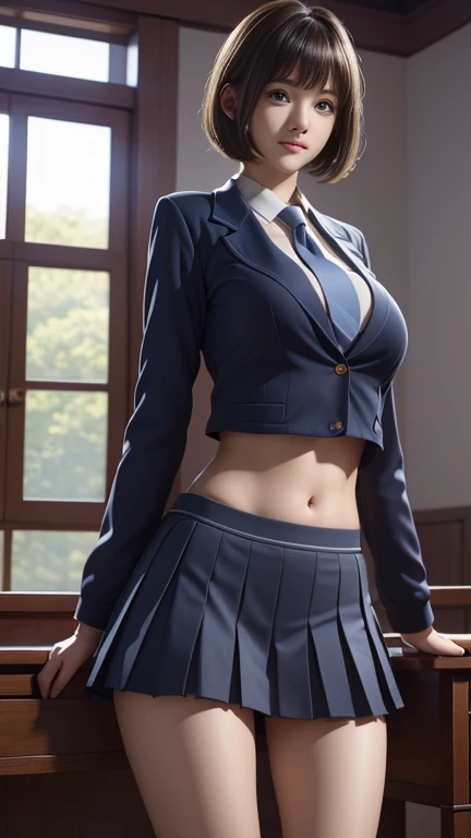 A beautiful young teen overflowing breasts bras with a short bob haircut, wearing a stylish that includes a blazer, tie, and a pleated skirt. The blazer is tied at the waist, revealing a hint of her midriff, and the tie hangs loosely. Her expression is gentle, with large, captivating blue eyes and a soft smile. beautiful belly breast, chest press together, full body shot, The lighting is warm, highlighting her features and the delicate textures of her outfit, dynamic pose ,in classroom background 