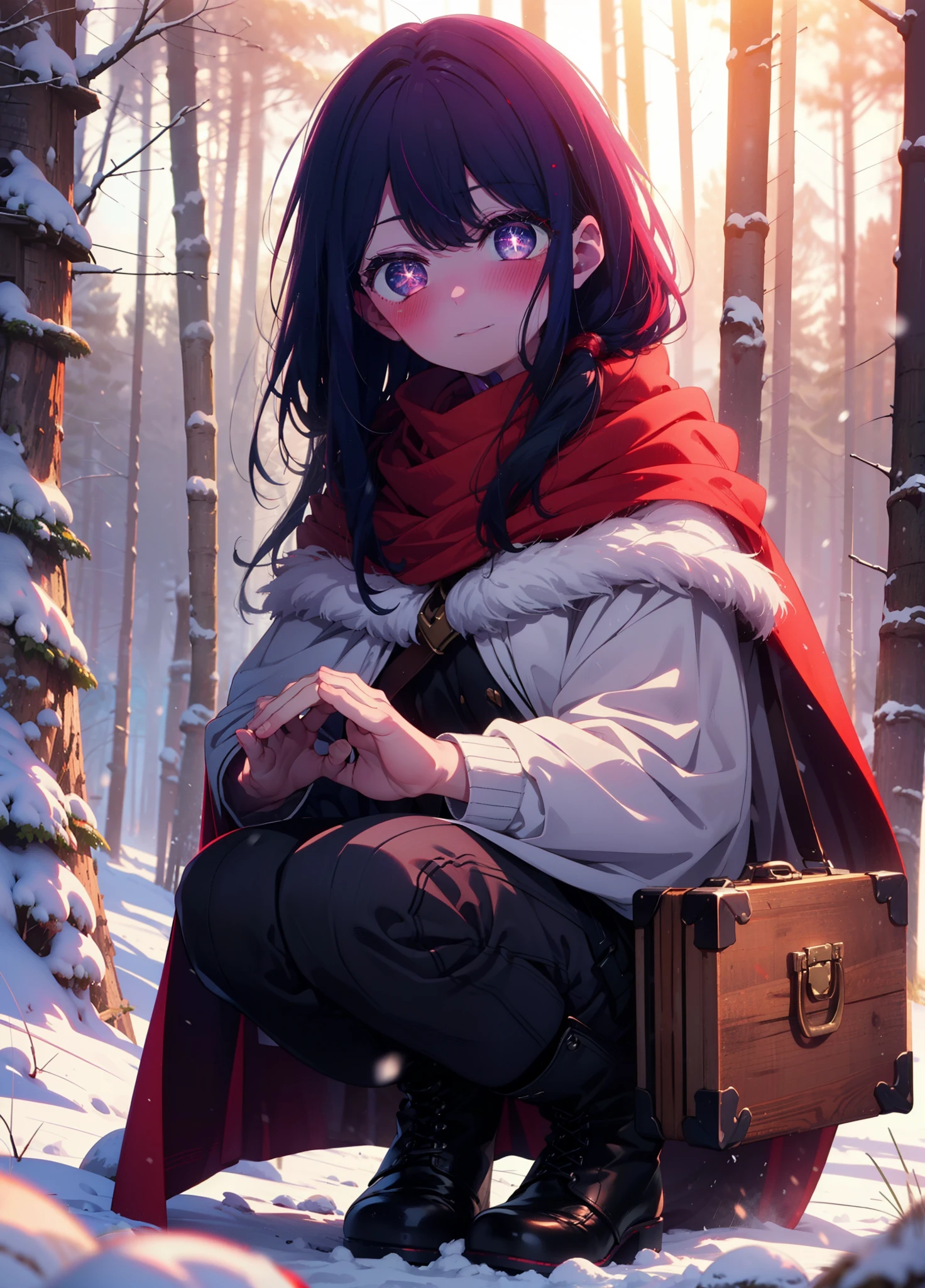 aihoshino, Ai Hoshino, Long Hair, bangs, (Purple eyes:1.1), Purple Hair, (Symbol-shaped pupil:1.5), smile,,smile,blush,white breath,
Open your mouth,snow,Ground bonfire, Outdoor, boots, snowing, From the side, wood, suitcase, Cape, Blurred, , forest, White handbag, nature,  Squat, Mouth closed, Cape, winter, Written boundary depth, Black shoes, red Cape break looking at viewer, Upper Body, whole body, break Outdoor, forest, nature, break (masterpiece:1.2), Highest quality, High resolution, unity 8k wallpaper, (shape:0.8), (Beautiful and beautiful eyes:1.6), Highly detailed face, Perfect lighting, Highly detailed CG, (Perfect hands, Perfect Anatomy),