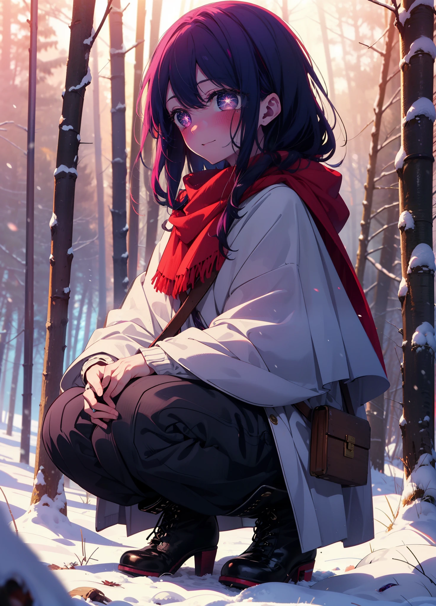 aihoshino, Ai Hoshino, Long Hair, bangs, (Purple eyes:1.1), Purple Hair, (Symbol-shaped pupil:1.5), smile,,smile,blush,white breath,
Open your mouth,snow,Ground bonfire, Outdoor, boots, snowing, From the side, wood, suitcase, Cape, Blurred, , forest, White handbag, nature, Squat, Mouth closed, Cape, winter, Written boundary depth, Black shoes, red Cape break looking at viewer, Upper Body, whole body, break Outdoor, forest, nature, break (masterpiece:1.2), Highest quality, High resolution, unity 8k wallpaper, (shape:0.8), (Beautiful and beautiful eyes:1.6), Highly detailed face, Perfect lighting, Highly detailed CG, (Perfect hands, Perfect Anatomy),