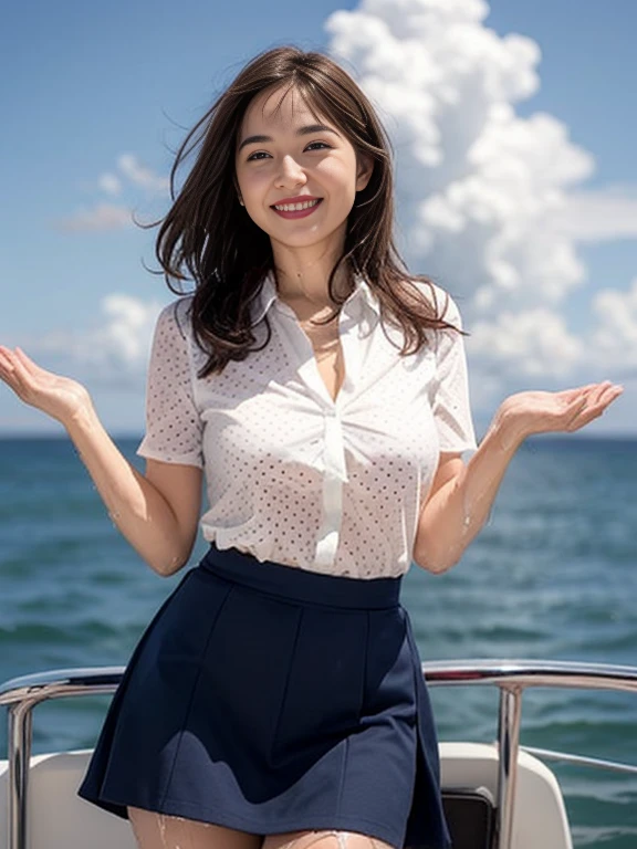((top-quality、、masterpiece:1.3))、1girl in、Realistic body、Slim Abs Beauty:1.3、(Hairstyle Casual、huge tit:1.2)、Sexy Standing Pose、Perfect dynamic composition、(Show the armpits、open the inseam quite wide)、Super fine face、Delicat eyes、double eyelid、Looking at the camera、Dress: 1.1、((white t-shirt、crew neckline、short sleeves、slim fit、black sport shorts)、cute smile face、(little smile face:1.35)、White turbines at wind farm with power station and sea in background、