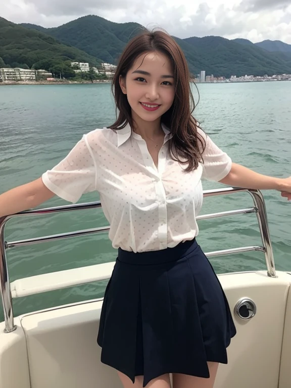 Gray background、pubic hair、Large Breasts、Thighs、Red lipstick、Cute woman、high school girl、White shirt、(Navy blue skirt)、smile、Open chest shirt、(A polka dot shirt that was wet and showed her underwear)、Wet Hair、Gazing at the sea、smile、On the boat、Raising his arms