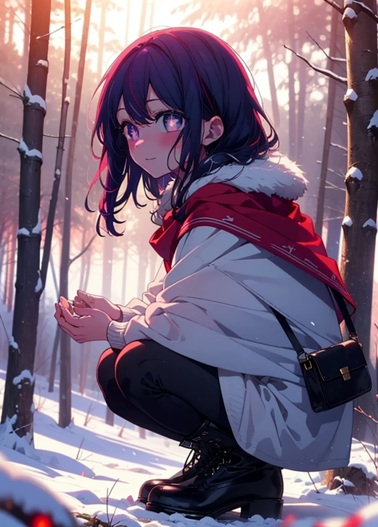 aihoshino, Ai Hoshino, Long Hair, bangs, (Purple eyes:1.1), Purple Hair, (Symbol-shaped pupil:1.5), smile,,smile,blush,white breath,
Open your mouth,snow,Ground bonfire, Outdoor, boots, snowing, From the side, wood, suitcase, Cape, Blurred, , forest, White handbag, nature, Squat, Mouth closed, Cape, winter, Written boundary depth, Black shoes, red Cape break looking at viewer, Upper Body, whole body, break Outdoor, forest, nature, break (masterpiece:1.2), Highest quality, High resolution, unity 8k wallpaper, (shape:0.8), (Beautiful and beautiful eyes:1.6), Highly detailed face, Perfect lighting, Highly detailed CG, (Perfect hands, Perfect Anatomy),