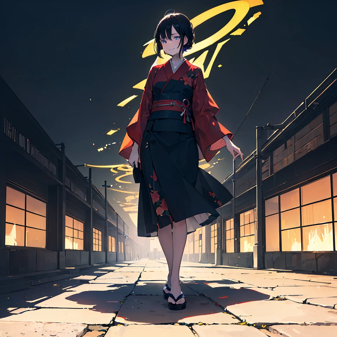 Ultra-high resolution, high resolution, ((premium, 8k, 32K, masterpiece)), Very detailed, (Low angle full body shot 1.2,) volumetric lighting, Cinematic, (((Colorful))), A dark-haired beauty, Japanese women, 20-year-old, Small face, , (photorealistic), (realistic),(A smile devoid of emotion), Demure dress, (Minimal exposure:2.0), silky hair, looking at viewer, In the act of turning, looking up, Very fine and beautiful face, Beautiful and well-proportioned face, Very beautiful face, An empty major roadway
