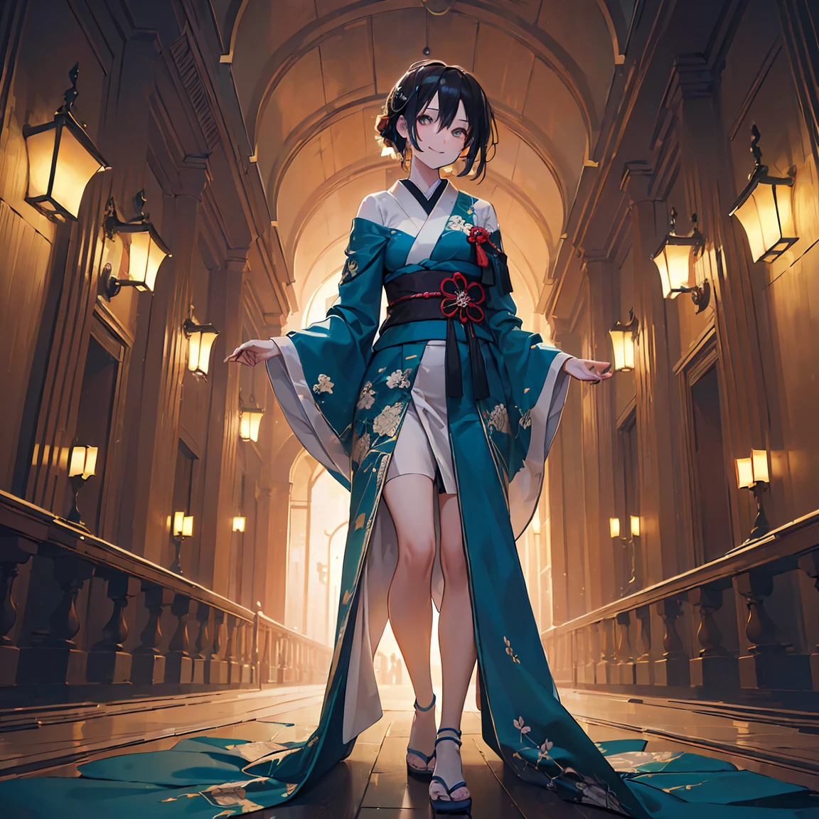 Ultra-high resolution, high resolution, ((premium, 8k, 32K, masterpiece)), Very detailed, (Low angle full body shot 1.2,) volumetric lighting, Cinematic, (((Colorful))), A dark-haired beauty, Japanese women, 20-year-old, Small face, , (photorealistic), (realistic),(A smile devoid of emotion), Demure dress, (Minimal exposure:2.0), silky hair, looking at viewer, In the act of turning, looking up, Very fine and beautiful face, Beautiful and well-proportioned face, Very beautiful face, An empty major roadway