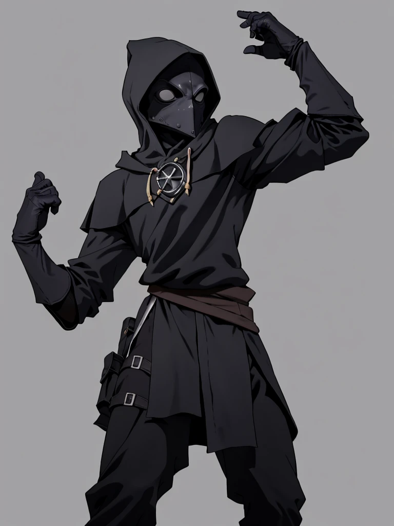 Plaguecore,outfit,1boy,assassin,ninja,thief, mystical person,(hood),rogue outfit,((simple background)),gray background,