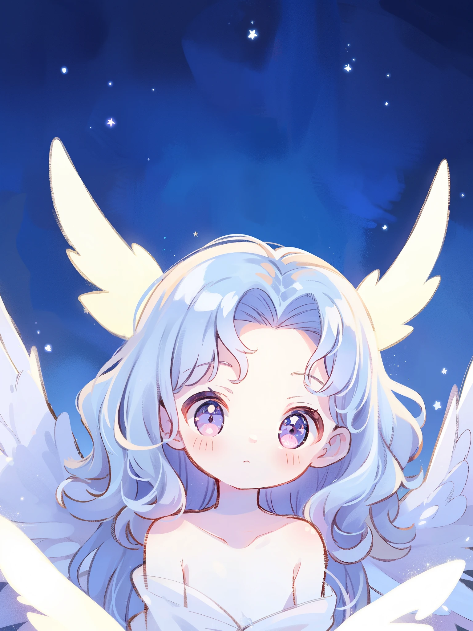 nude angel girl wearing an ethereal translucent dress, pale skin, ((wavy gradient blue purple hair)), white feathers, angel wings, sparkling detailed eyes, golden ratio face, perfect composition, highly detailed, ethereal, (starry night sky background), midjourney style