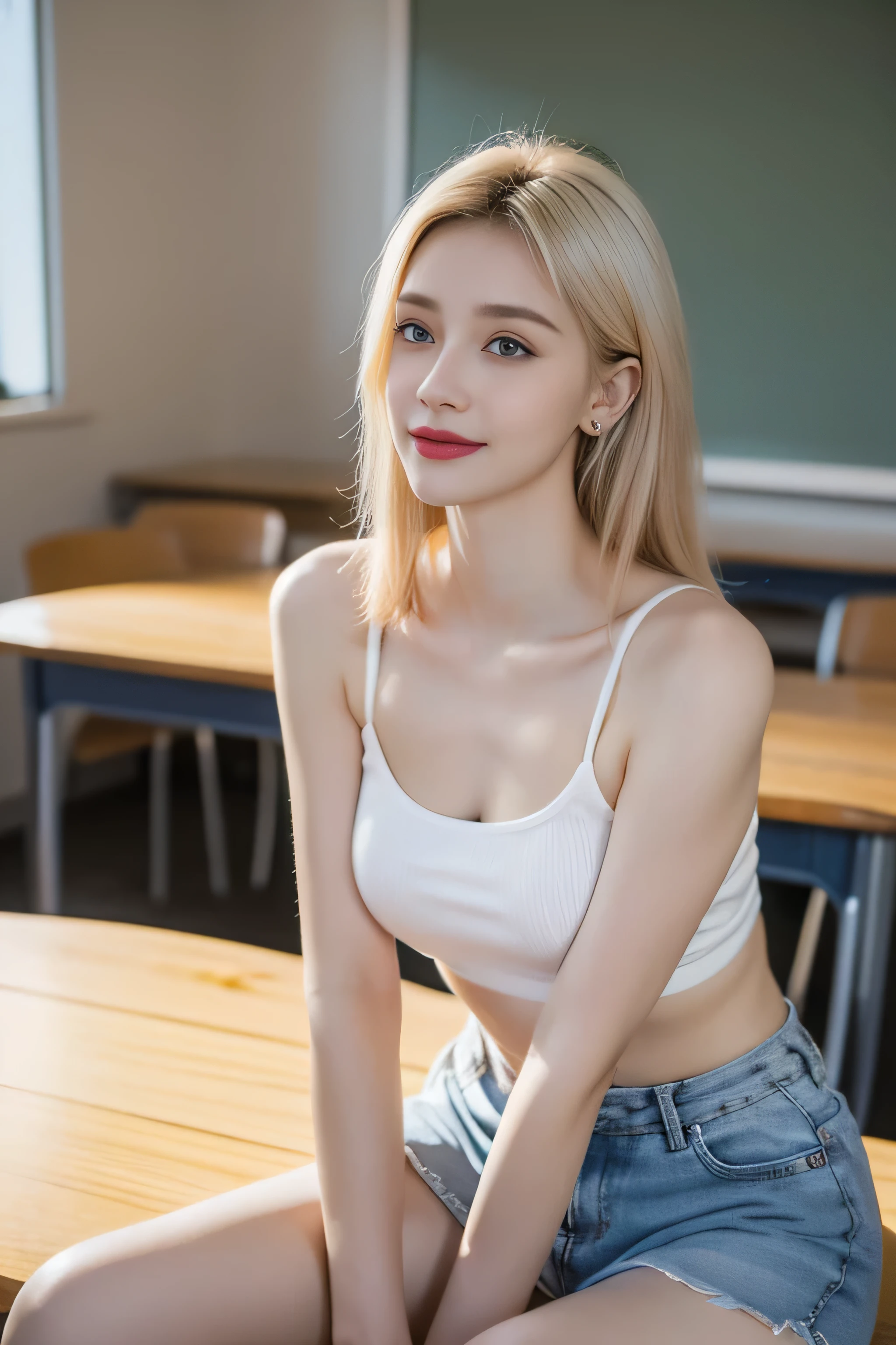 The content is very detailed, original photo, Professional photography, realistic lights, ((slit mini shorts, red short)), ((no bra, braless)), thin tight sexy outfit, (sexy see through outfit), ((prominent nipples: 1.0)), (medium breasts: 0.8), Indoor and below, (Office room, Dark Night Classroom), night sky, depth of field,Blushed,raised eyebrows,very shy,sexy, (platinum blonde fine hair: 1.2), sky blue eyes,Ruddy complexion,looking at the audience,thin earrings,epic,concept art,best quality ,extremely delicate and beautiful, Very detailed,best quality, official art, Extremely detailed CG unified 8k wallpaper, Super detailed, high resolution,positive focus,Beautiful and delicate face,sparkling eyes,The most beautiful woman in the world,Mature lady,Expose the lower half of the bulb,Round and plump breast balls,firm breast balls,Ultra thin,translucent,Naturally lips, quality breasts, nude, pretty smile
