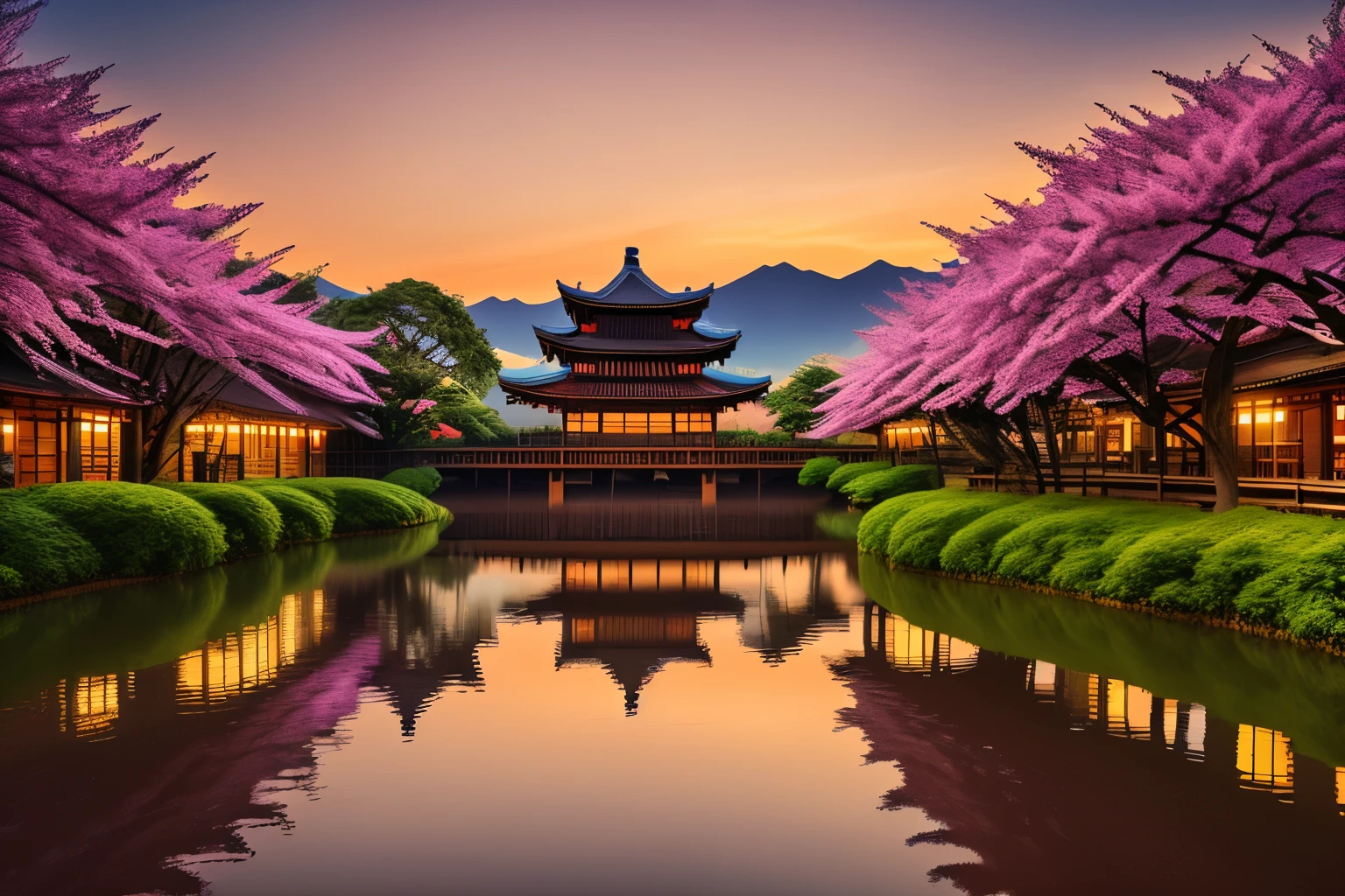 a medieval japanese city, highly detailed cityscape, traditional japanese architecture, pagoda roofs, wooden buildings, cobblestone streets, lanterns hanging, cherry blossom trees, koi ponds, samurai warriors, intricate details, cinematic lighting, vibrant colors, masterpiece, photorealistic, 8k