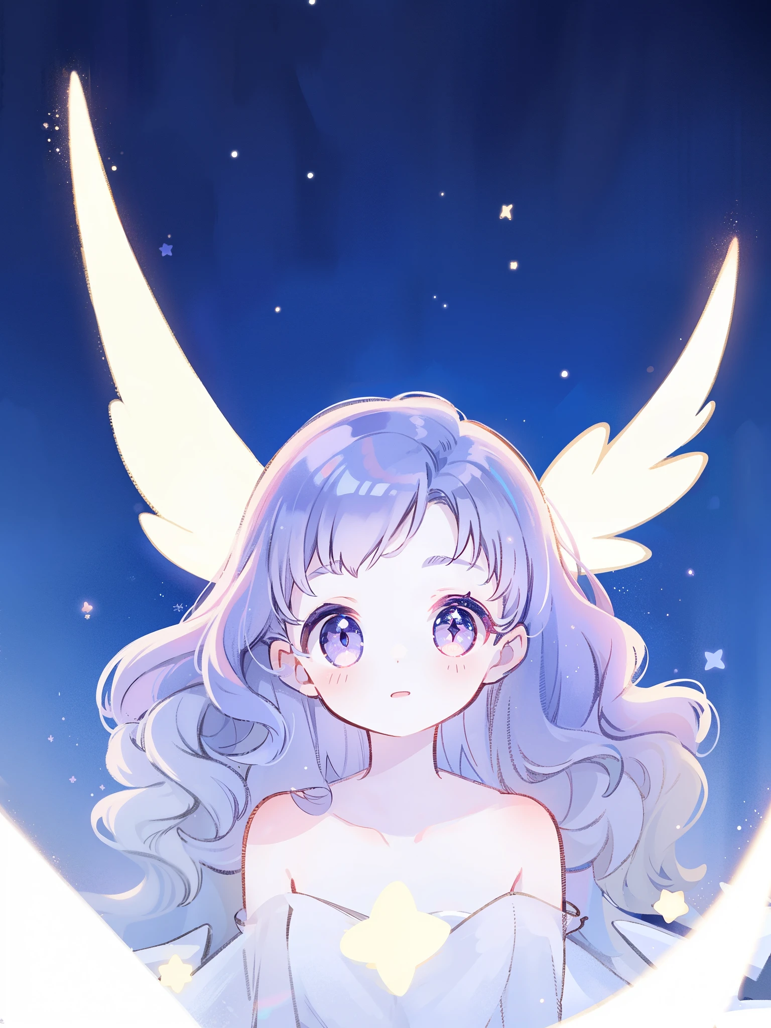 nude angel girl wearing an ethereal translucent dress, pale skin, ((wavy gradient blue purple hair)), white feathers, angel wings, sparkling detailed eyes, golden ratio face, perfect composition, highly detailed, ethereal, (starry night sky background), midjourney style
