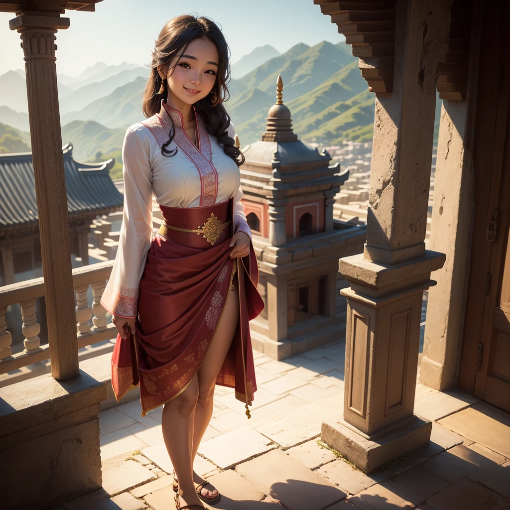 A beautiful, realistic young woman smiles, modestly dressed, standing in a temple, with a wide view of the scenery.