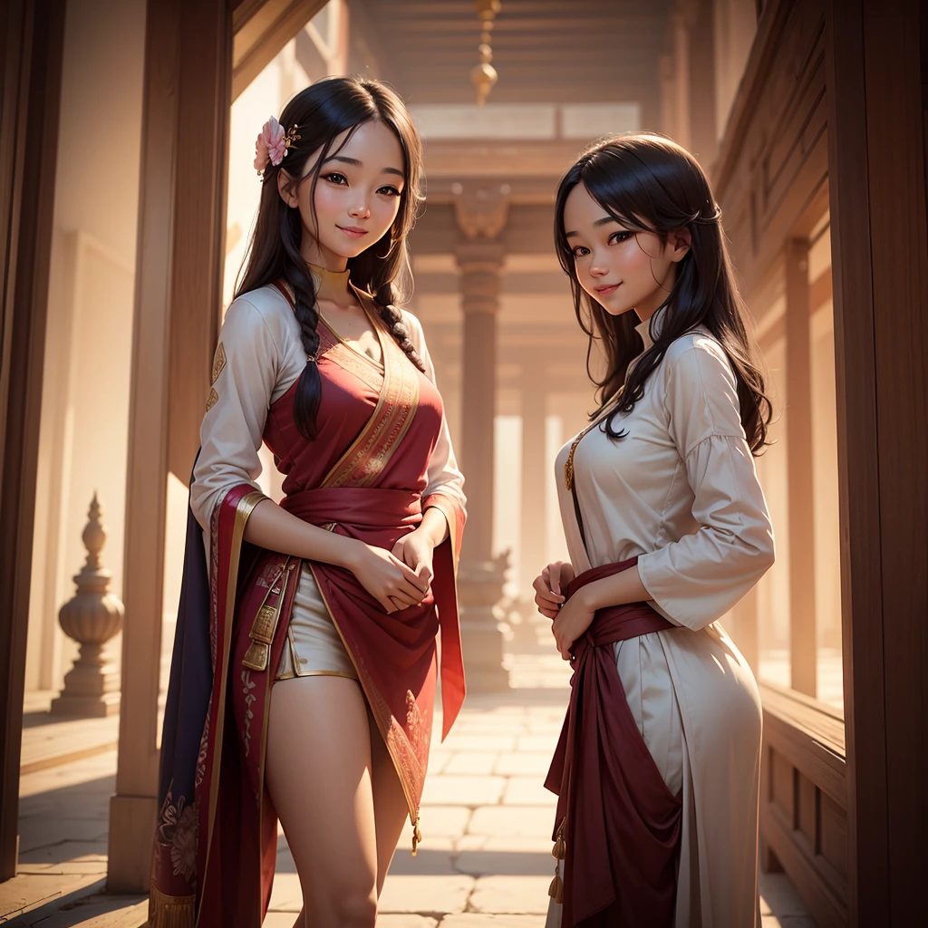 A beautiful, realistic young woman smiles, modestly dressed, standing in a temple, with a wide view of the scenery.