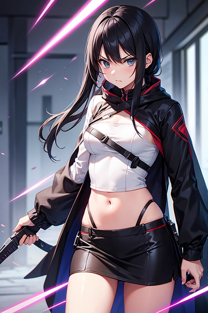 Ninja, ponytail, black mask, big breasts, torn clothes, no panties, no bra