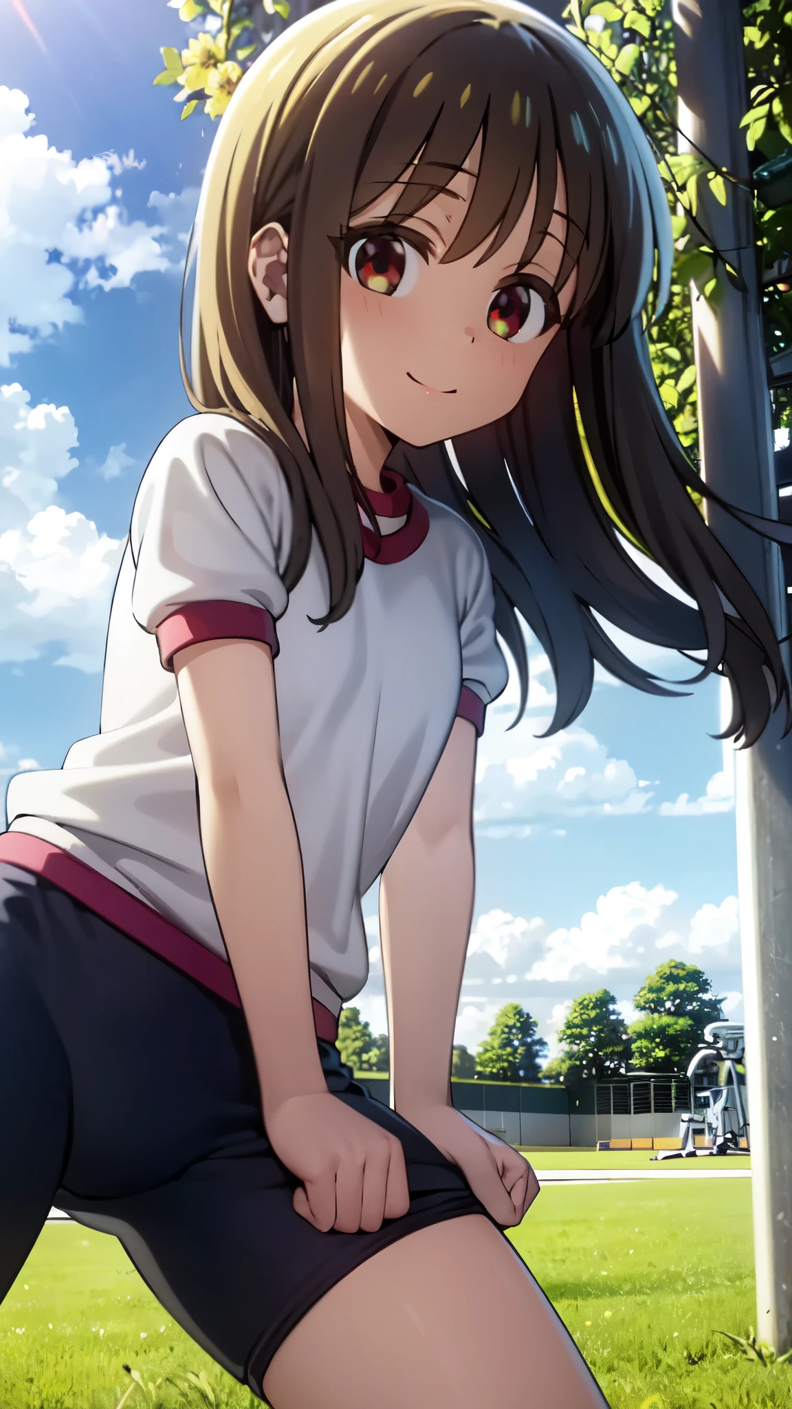 very cute and beautiful girl,(highly detailed beautiful face and eyes),(Gym clothes with short sleeves:1.5), Gymnastics, (Girl wearing gym clothes), (Girl in gym clothes), Sportswear, Blue_Shorts, standing,tiny colorful flowers on grassland,
(smile),looking at viewer,black hair,cowboy shot,
(best quality,masterpiece:1.0),absurdres,highres,ultra-detailed,extremely detailed,32K,
cinematic scene,detailed background,solo,dynamic angle,
hair fluttering in the wind,beautiful detailed sky,