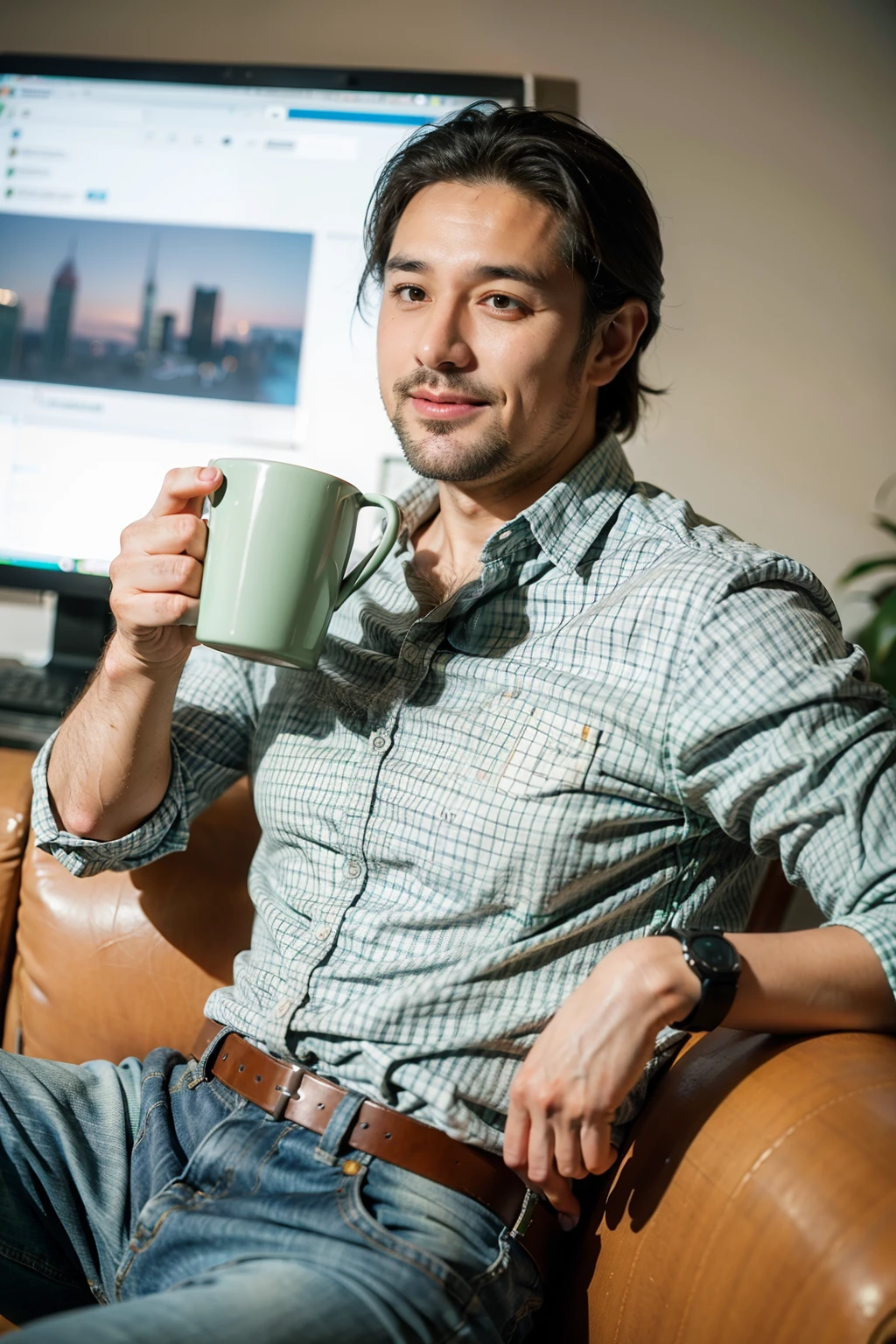 Raising a 40-Year-Old Man, Happy, Not wearing glasses, Holding a gorgeous mug in hand, Green Check Saint John Shirt and Jeans, Brown eyes, The screen is flawless.