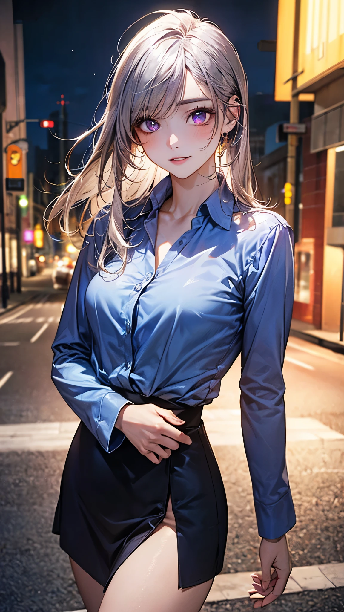 (masterpiece:1.2, top-quality), (realistic, photorealistic:1.4), beautiful illustration, (natural side lighting, movie lighting), depth of fields,
beautiful detailed hair, beautiful detailed face, beautiful detailed eyes, beautiful clavicle, beautiful body, beautiful chest, beautiful thigh, beautiful legs,
looking at viewer, 1 girl, , (perfect anatomy, anatomically correct, super detailed skin), cute and symmetrical face, perfect face, perfect eyes, perfect body,
(long hair, straight hair:1.5, sideburns), break (silver hair), swept bangs, break purple eyes, big eyes, long eye lasher, (medium breasts, seductive thighs), babyface, shiny skin, pink skin,
detailed cloth texture, break ((long sleeve marine blue collared shirt dress)), break
(beautiful scenery), night, (downtown:1.2), walking, (lovely smile, upper eyes, parted lips),