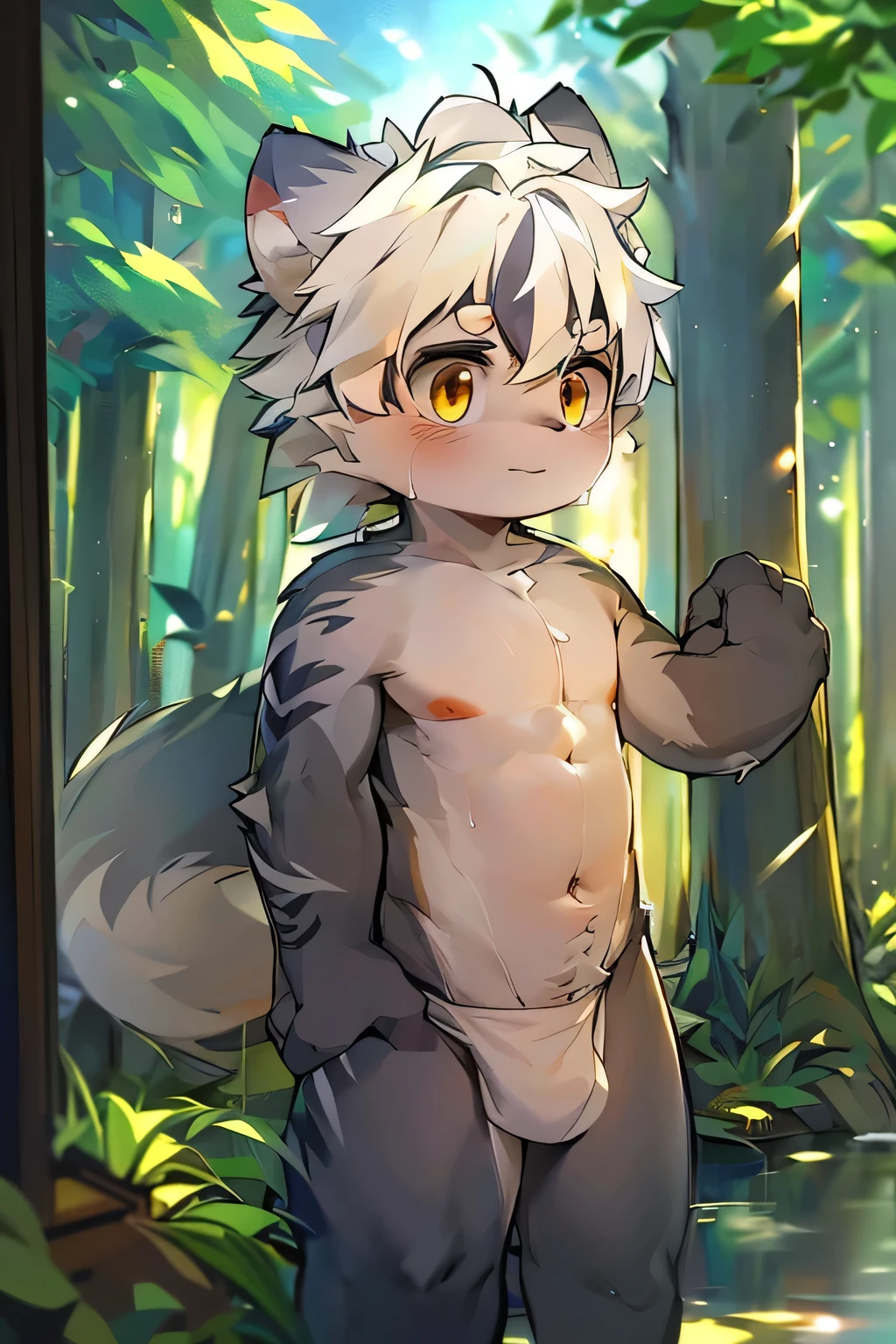 masterpiece, high quality, Absurd answer, number \(artwork\), by Dagasi, Yes,Seizan,(Fluffy fur:1.1),(bright:0.8),Anthropomorphic male wolves. (Golden Eyes,Gray black fur, Body hair,White hair， Wolf nose:1.2), bright eyes,muscular，panoramic,character focus.Detailed background,(Sweating，nude),(out-of-door, forest:1.2)
