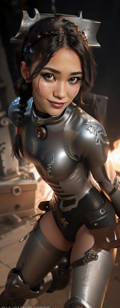 Photo of adepta sororitas, argent shroud, full armor, full metal armor, Christina Chong beautiful face, narrowed eyes. smirk. black braided hair with narrowed eyes, wearing intricate ornamented metal armor, stern face,, solo, (female:1.2), epic, platinum white armor, white pelvic curtain, bronze trimmings, , facial scar, iron halo, ((upper body:1.3)) focus, close-up, banner background,