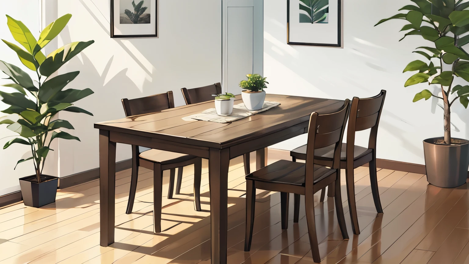 High level of image quality、Dining table at home,Bright,Warmth,clean,Green plants,Simple,White Wall