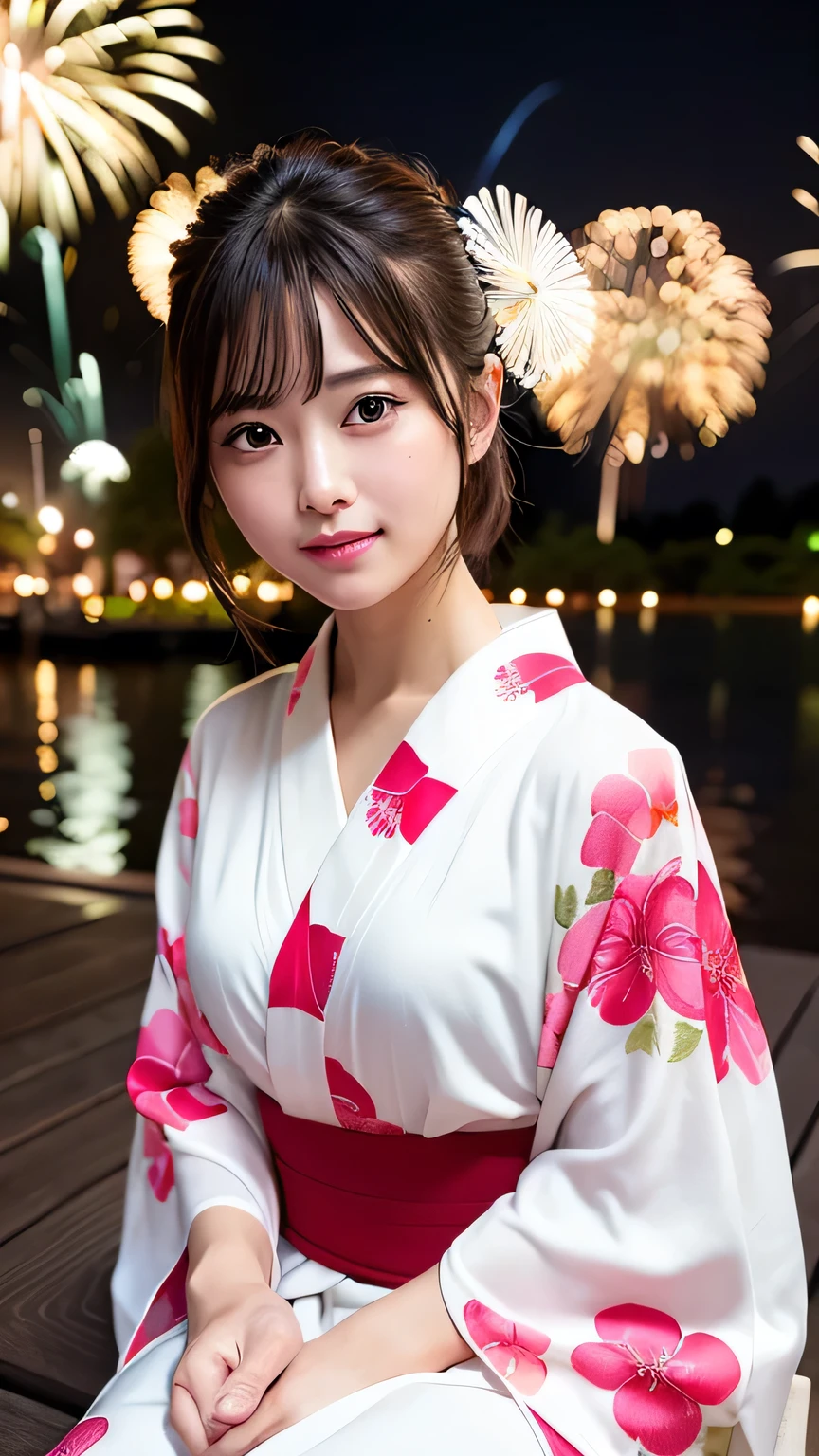 (8k、RAW Photosgraphy、Highest quality、masterpiece:1.2)、(Realistic、Realistic:1.37)、Ultra-high resolution、One Girl、cute、alone、night、Sitting、date、(Nose redness)、(Laughter:1.1)、(Closed)、Huge 、Beautiful Eyes、(short hair:1.2)、(((Fireworks bursting into the sky、night)))、(((kimono、yukata)))、Cleavage、Perfect body、Perfect Fingers、Professional Lighting、Japanese Goddess、gravure、Detailed face and skin texture、Detailed eyes、RAW Photos