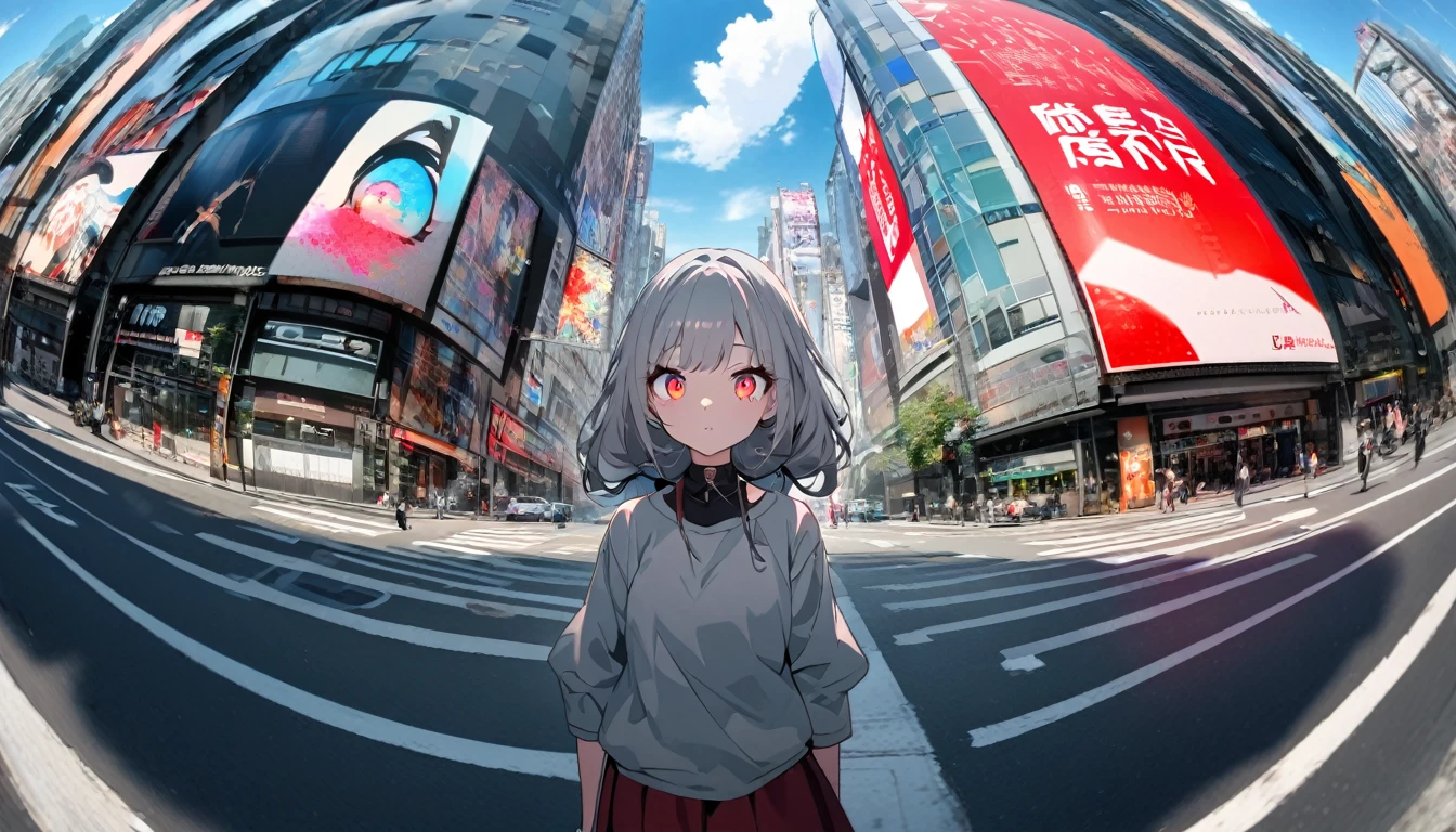 A girl and her shadow in a modern city, the shadow is the demon in the girl's mind, fisheye lens, tense lens, the main body of the photo is the background of a big city, bright and fresh photo, beautiful abstract huge city and teenage girl character in it. Gray hair color, glowing red eyes, long hairstyle, mole under the left eye, surreal background