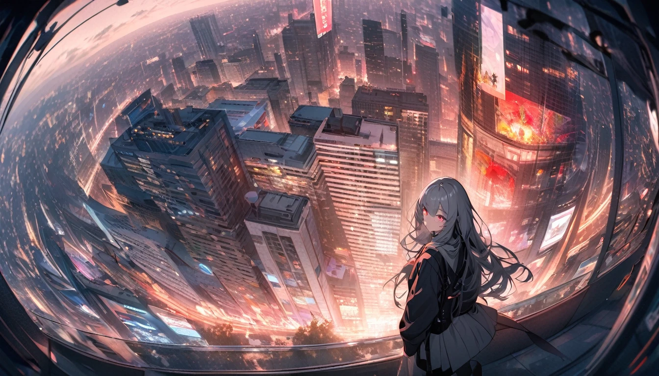 A girl and her shadow in a modern city, the shadow is the demon in the girl's mind, fisheye lens, tense lens, the main body of the photo is the background of a big city, bright and fresh photo, beautiful abstract huge city and age girl character in it. Gray hair color, glowing red eyes, long hairstyle, mole under the left eye, surreal background