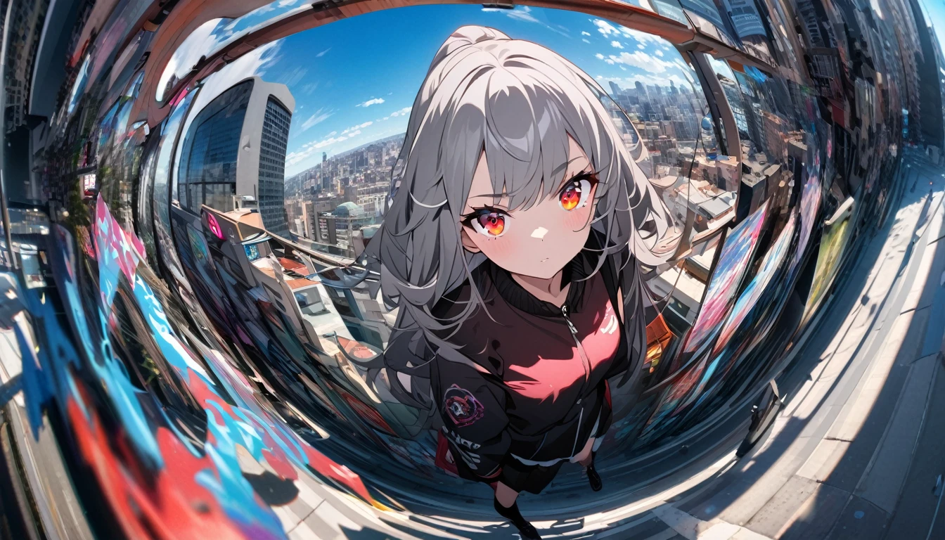 A girl and her shadow in a modern city, the shadow is the demon in the girl's mind, fisheye lens, tense lens, the main body of the photo is the background of a big city, bright and fresh photo, beautiful abstract huge city and teenage girl character in it. Gray hair color, glowing red eyes, long hairstyle, mole under the left eye, surreal background