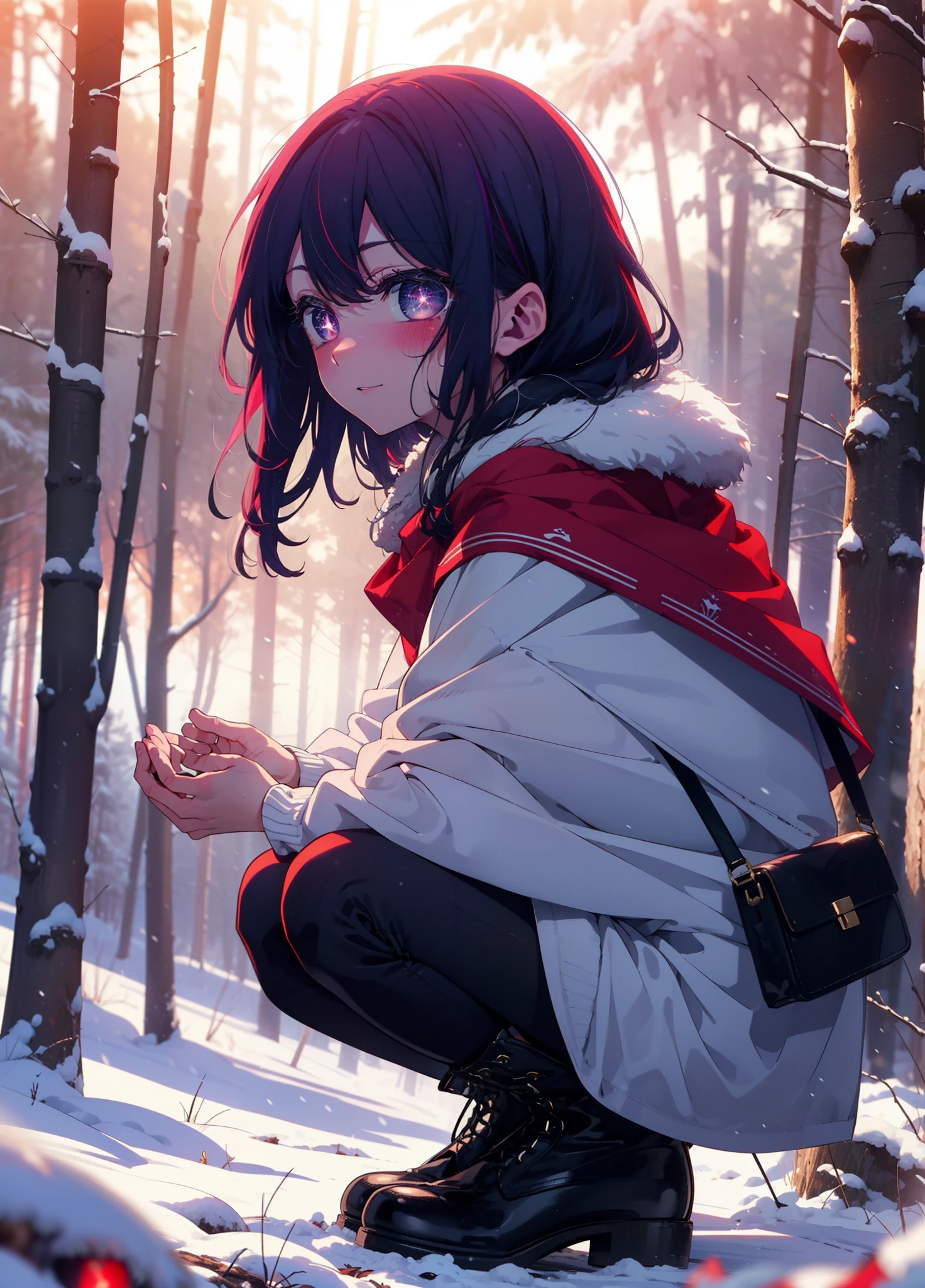 aihoshino, Ai Hoshino, Long Hair, bangs, (Purple eyes:1.1), Purple Hair, (Symbol-shaped pupil:1.5), smile,,smile,blush,white breath,
Open your mouth,snow,Ground bonfire, Outdoor, boots, snowing, From the side, wood, suitcase, Cape, Blurred, , forest, White handbag, nature, Squat, Mouth closed, Cape, winter, Written boundary depth, Black shoes, red Cape break looking at viewer, Upper Body, whole body, break Outdoor, forest, nature, break (masterpiece:1.2), Highest quality, High resolution, unity 8k wallpaper, (shape:0.8), (Beautiful and beautiful eyes:1.6), Highly detailed face, Perfect lighting, Highly detailed CG, (Perfect hands, Perfect Anatomy),