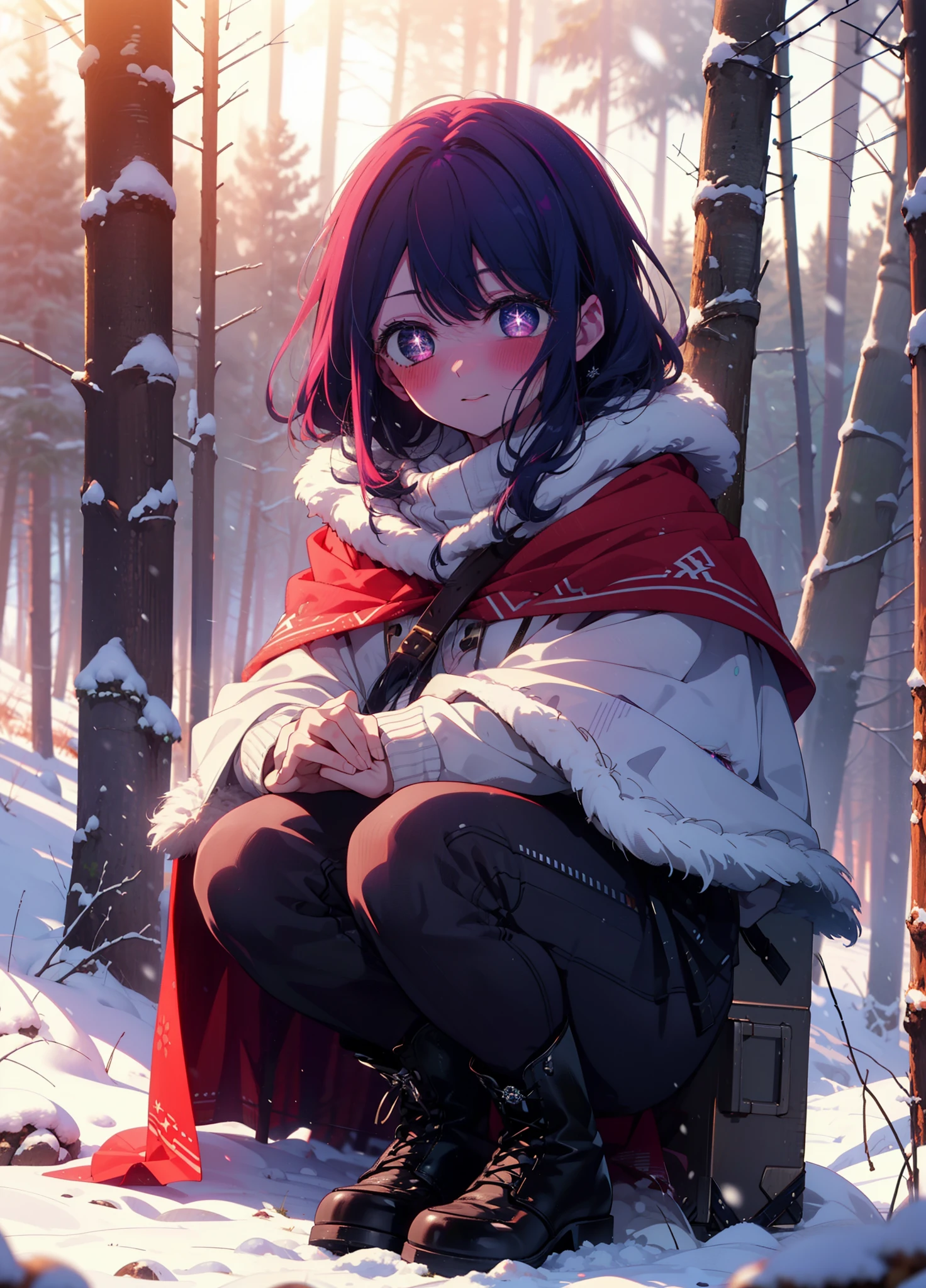 aihoshino, Ai Hoshino, Long Hair, bangs, (Purple eyes:1.1), Purple Hair, (Symbol-shaped pupil:1.5), smile,,smile,blush,white breath,
Open your mouth,snow,Ground bonfire, Outdoor, boots, snowing, From the side, wood, suitcase, Cape, Blurred, , forest, White handbag, nature,  Squat, Mouth closed, Cape, winter, Written boundary depth, Black shoes, red Cape break looking at viewer, Upper Body, whole body, break Outdoor, forest, nature, break (masterpiece:1.2), Highest quality, High resolution, unity 8k wallpaper, (shape:0.8), (Beautiful and beautiful eyes:1.6), Highly detailed face, Perfect lighting, Highly detailed CG, (Perfect hands, Perfect ???????),