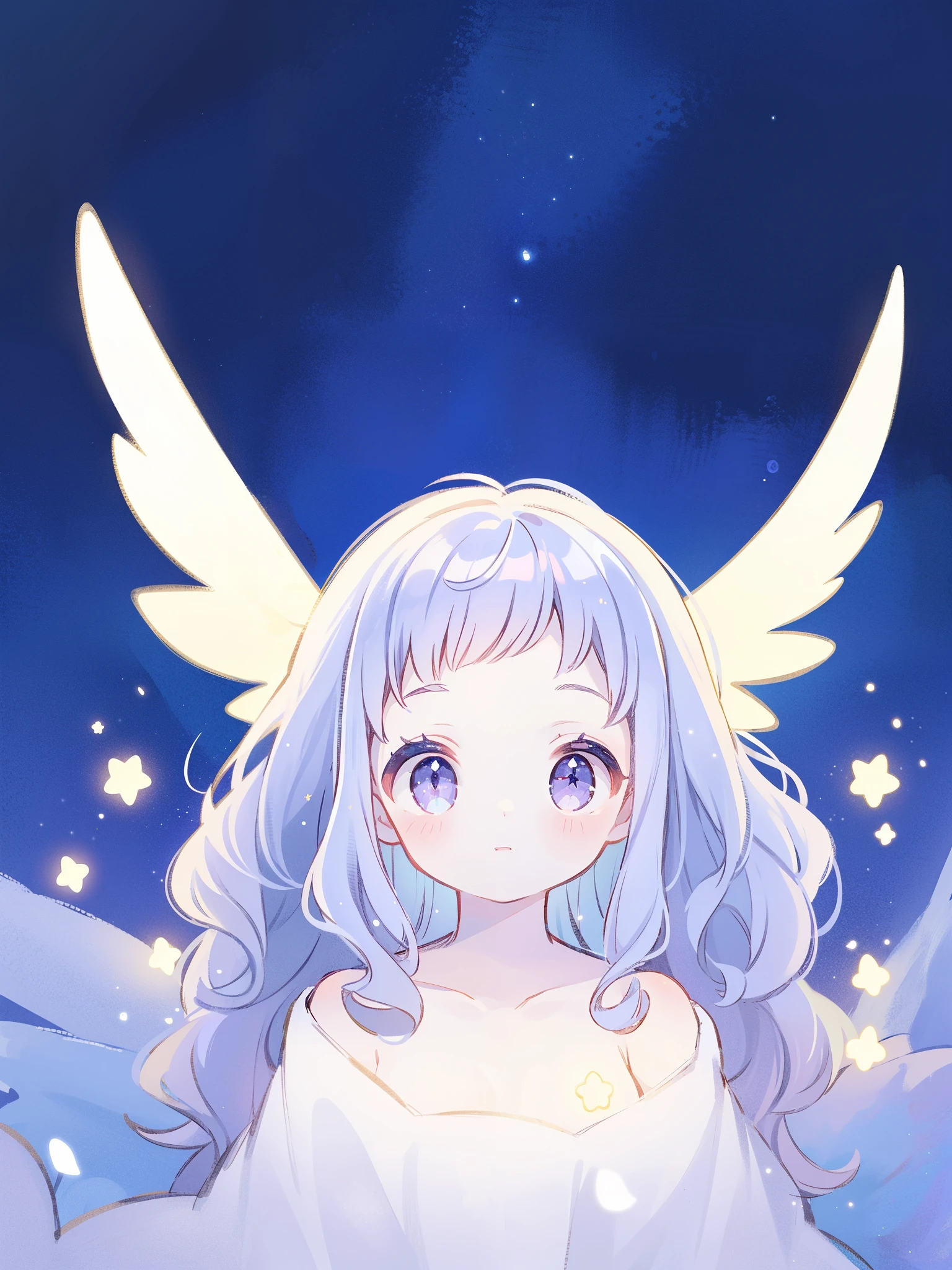 nude angel girl wearing an ethereal puffy translucent ballgown dress, pale skin, ((wavy gradient blue purple hair)), white feathers, angel wings, sparkling detailed eyes, golden ratio face, perfect composition, highly detailed, ethereal, (starry night sky background), midjourney style