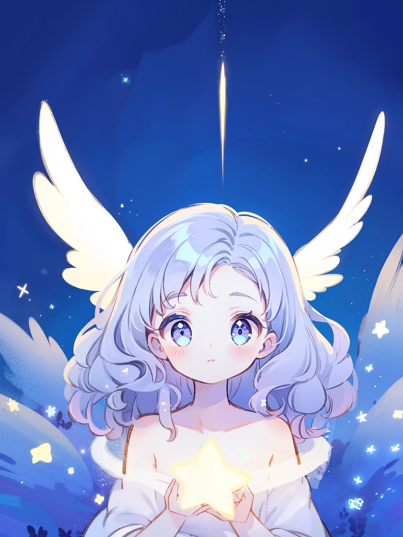 nude angel girl wearing an ethereal puffy translucent ballgown dress, pale skin, ((wavy gradient blue purple hair)), white feathers, angel wings, sparkling detailed eyes, golden ratio face, perfect composition, highly detailed, ethereal, (starry night sky background), midjourney style
