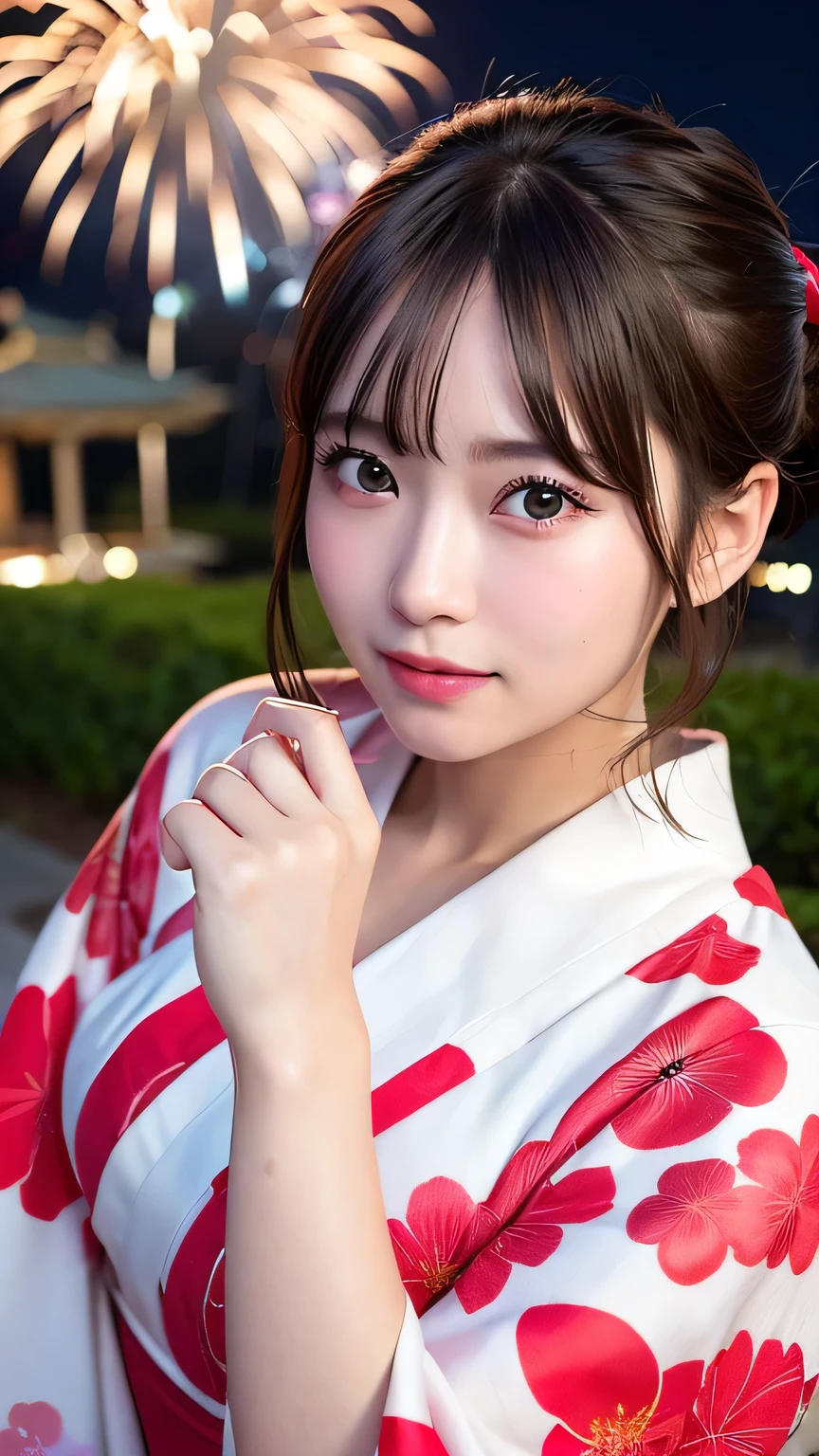 (8k、RAW Photosgraphy、Highest quality、masterpiece:1.2)、(Realistic、Realistic:1.37)、Ultra-high resolution、One Girl、cute、alone、night、Sitting、date、(Nose redness)、(Laughter:1.1)、(Closed)、Huge 、Beautiful Eyes、(short hair:1.2)、(((Fireworks bursting into the sky、night)))、(((kimono、yukata)))、Cleavage、Perfect body、Perfect Fingers、Professional Lighting、Japanese Goddess、gravure、Detailed face and skin texture、Detailed eyes、RAW Photos