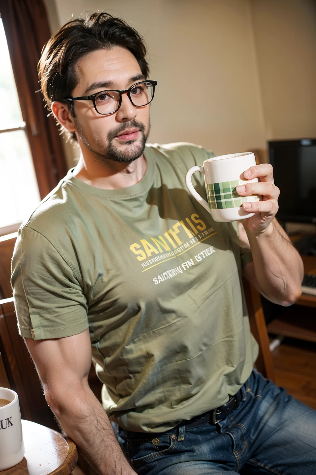 Raising a 40-Year-Old Man, Happy, Wear thin-rimmed gold-rimmed glasses, Holding a gorgeous mug in hand, Green Check Saint John Shirt and Jeans, Brown eyes, The screen is flawless.