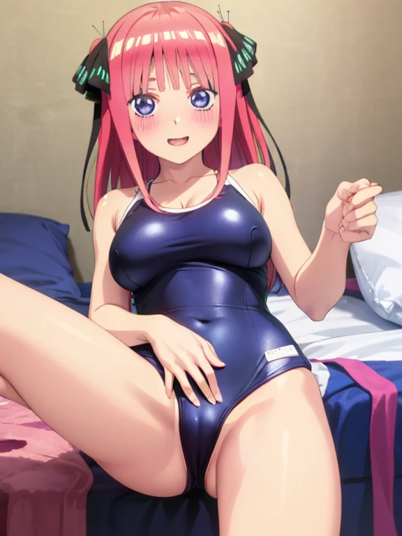 best quality, insanely detailed, nino nakano, , blush, bedroom background, looking at viewer, pussy, iece swimsuit, cheerful eye, Gymnastics leg spread