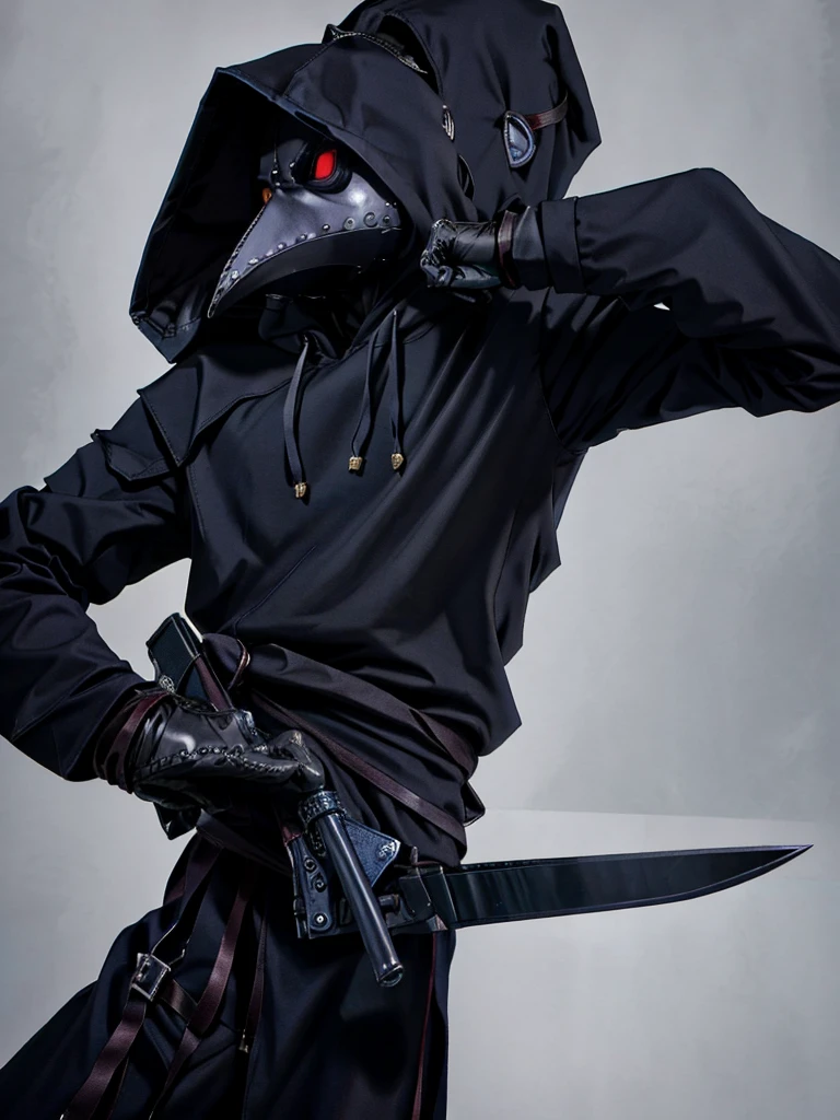 Plaguecore,outfit,1boy,assassin,ninja,thief, mystical person,(hood),rogue outfit,((simple background)),gray background,