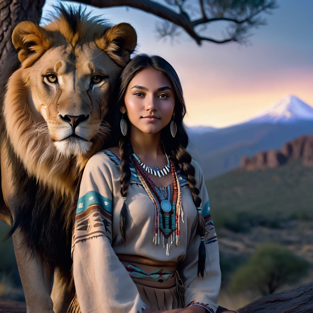 (grainy:0.5), cinematic, beautiful girl 25 year old,native american,fantasy,(solo:1.3), detailed eyes, detailed face, detailed native american clothing , volumetric lighting, dusk, extremely detailed background, standing next to tree and mountain, smiling, half closed eyes, tilted head, from side, sitting next to her lion