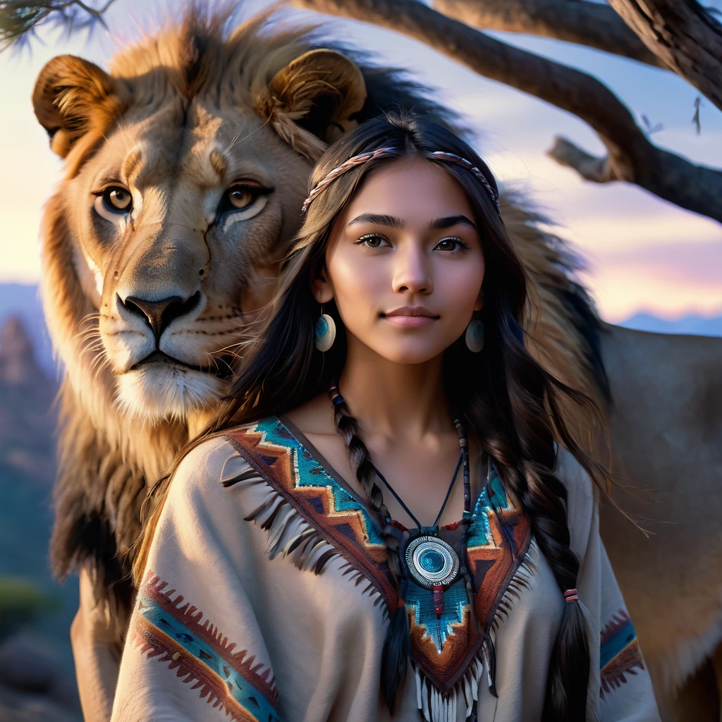 (grainy:0.5), cinematic, beautiful girl 25 year old,native american,fantasy,(solo:1.3), detailed eyes, detailed face, detailed native american clothing , volumetric lighting, dusk, extremely detailed background, standing next to tree and mountain, smiling, half closed eyes, tilted head, from side, sitting next to her lion