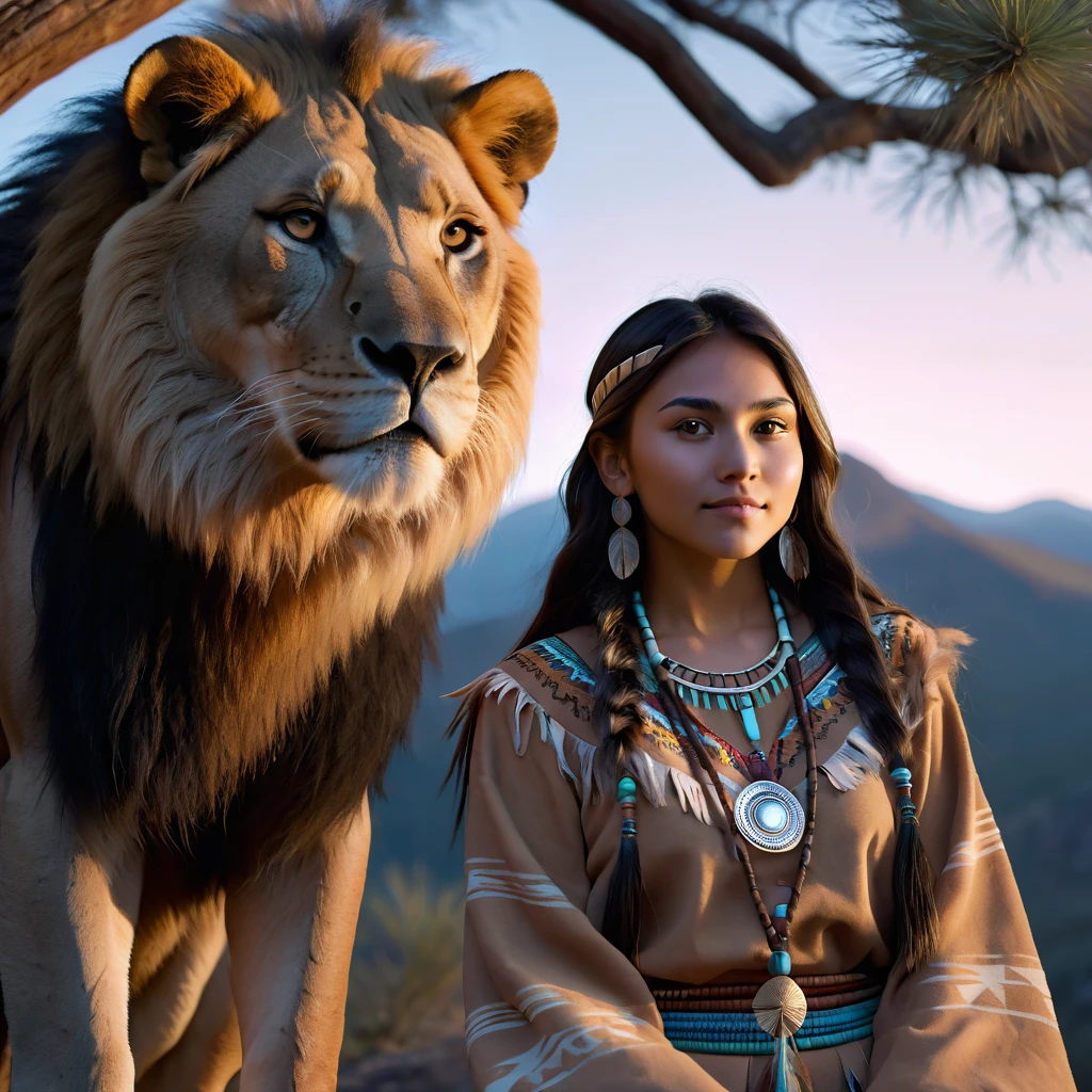 (grainy:0.5), cinematic, beautiful girl 25 year old,native american,fantasy,(solo:1.3), detailed eyes, detailed face, detailed native american clothing , volumetric lighting, dusk, extremely detailed background, standing next to tree and mountain, smiling, half closed eyes, tilted head, from side, sitting next to her lion