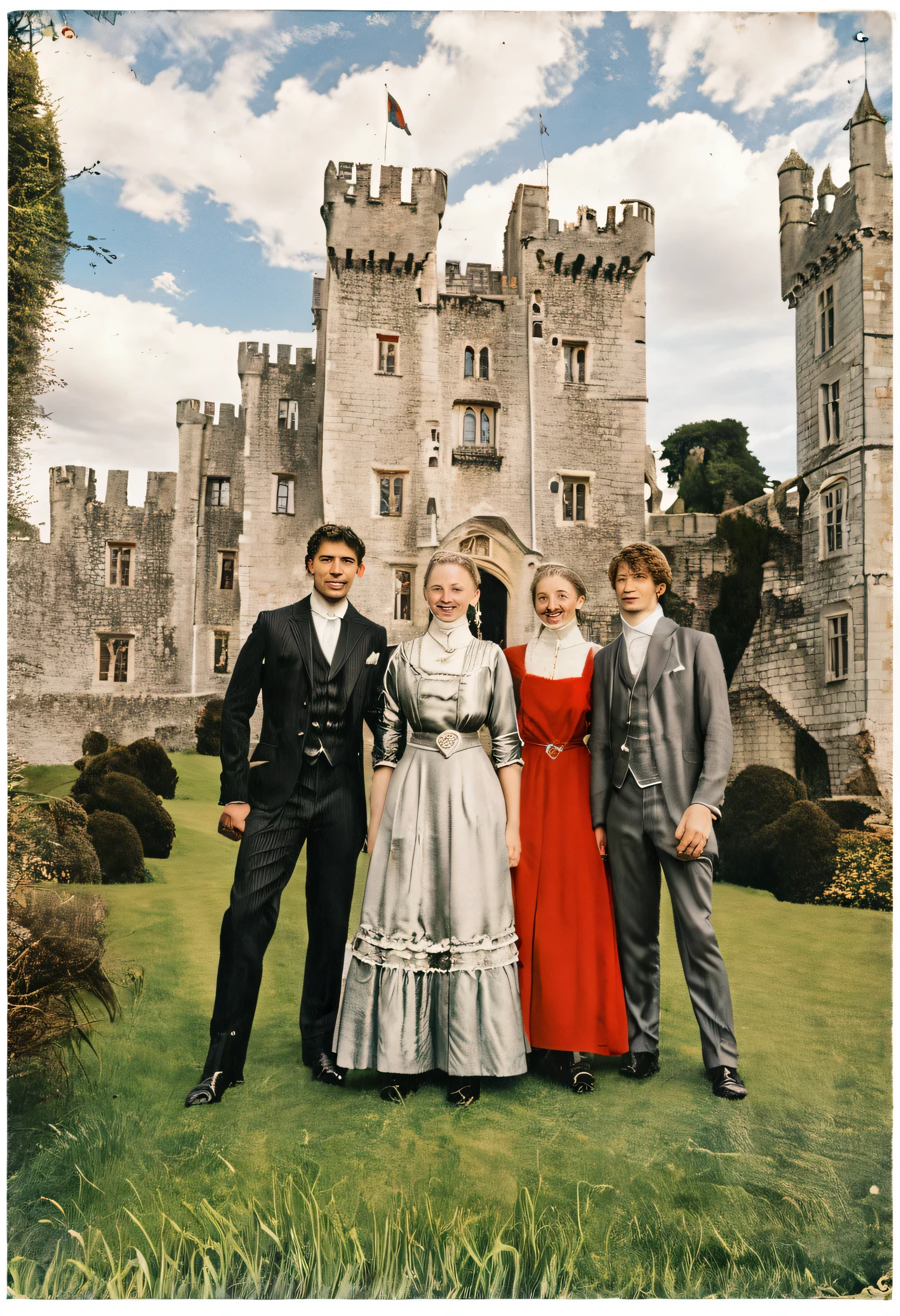 blue skies with white fluffy clouds in the background, a medieval castle with four men in black and grey suits, joined by a young woman, twenty years old wearing a vibrant bright red dress