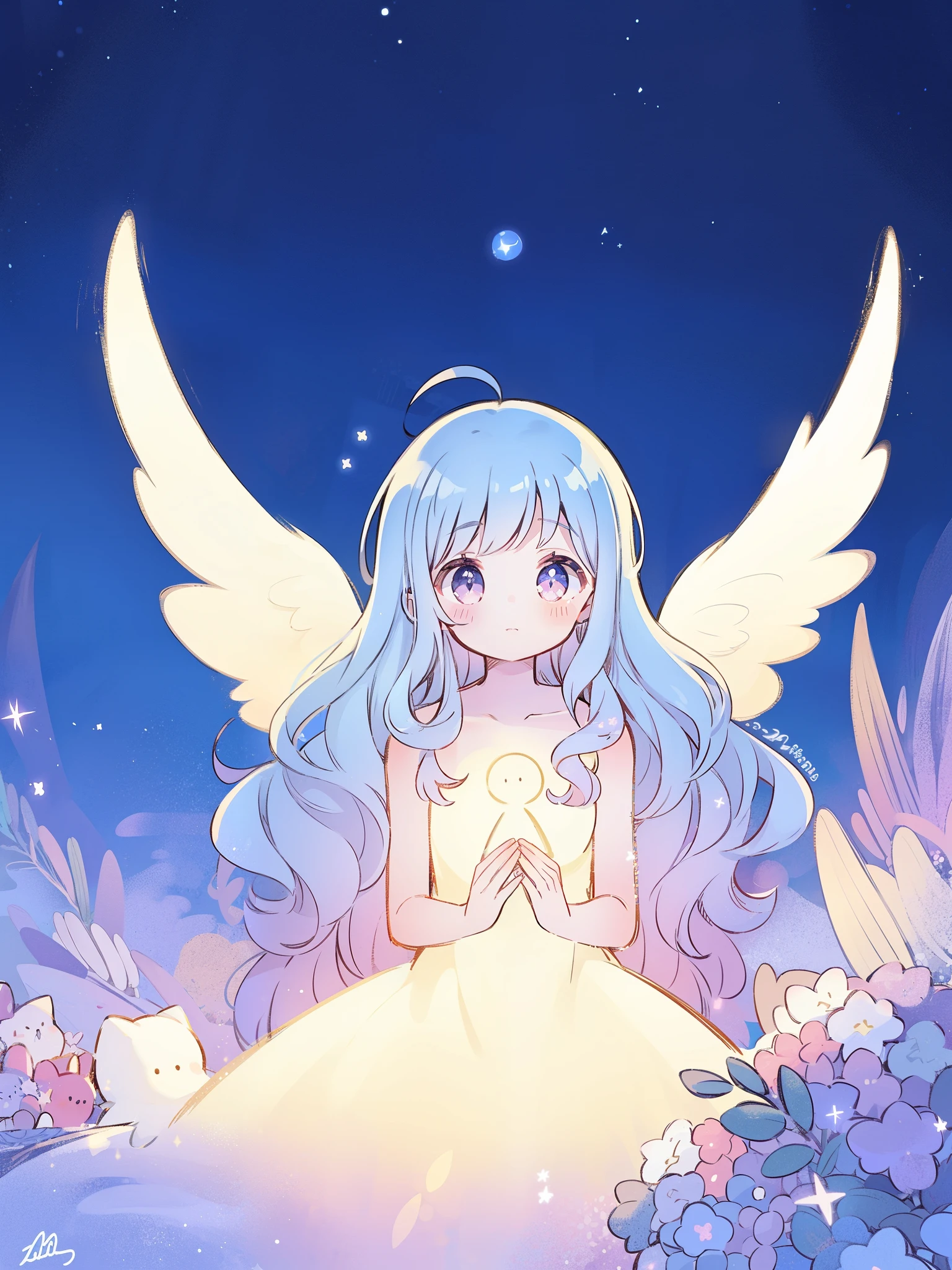 nude angel girl wearing an ethereal puffy translucent ballgown dress, pale skin, ((wavy gradient blue purple hair)), white feathers, angel wings, sparkling detailed eyes, golden ratio face, perfect composition, highly detailed, ethereal, (starry night sky background), midjourney style