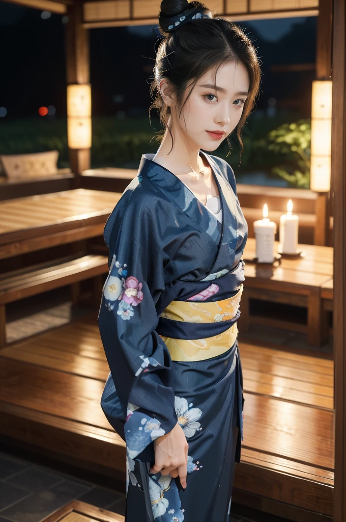 (((best quality))),(((ultra detailed))),(((masterpiece))),illustration,((1 beautiful Japannese girl,solo)),(neat bun:1.2),((slim,thin)),((small breasts,flat chest)),(in izakaya:1.3),(summer:1.2),(rainy:1.3),(indoor:1.2),(night scene:1.3),(wet:1.3),(collar:1.2),(blue floral yukata:1.3),(hakama:1.2),porcelain skin,(slender legs:1.2),(loafers:1.2),rouge,dimly lit,warm glow,ethereal,(standing:1.3),(arms behind back:1.2),sake bottle,half-empty glass,tray,grilled fish,steamed vegetables,half-eaten,melancholic smile,storm,solitude,enigmatic aura,tranquility,chaos,simplicity,mysterious,captivating,((from front,full body))