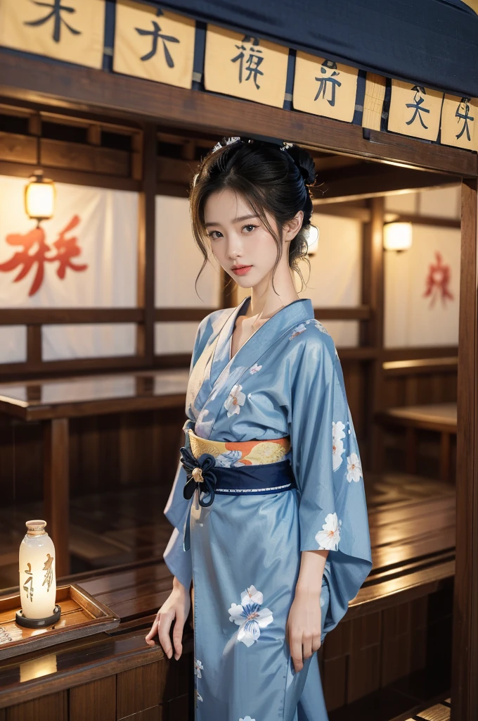 (((best quality))),(((ultra detailed))),(((masterpiece))),illustration,((1 beautiful Japannese girl,solo)),(neat bun:1.2),((slim,thin)),((small breasts,flat chest)),(in izakaya:1.3),(summer:1.2),(rainy:1.3),(indoor:1.2),(night scene:1.3),(wet:1.3),(collar:1.2),(blue floral yukata:1.3),(hakama:1.2),porcelain skin,(slender legs:1.2),(loafers:1.2),rouge,dimly lit,warm glow,ethereal,(standing:1.3),(arms behind back:1.2),sake bottle,half-empty glass,tray,grilled fish,steamed vegetables,half-eaten,melancholic smile,storm,solitude,enigmatic aura,tranquility,chaos,simplicity,mysterious,captivating,((from front,full body))