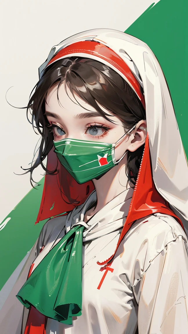 A girl who was blind folded with white cloth and the background was bangladeshi flag