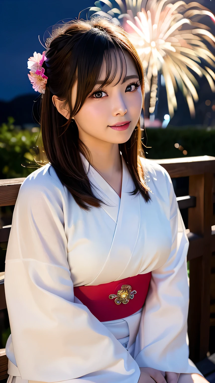 (8k、RAW Photosgraphy、Highest quality、masterpiece:1.2)、(Realistic、Realistic:1.37)、Ultra-high resolution、One Girl、cute、alone、night、Sitting、date、(Nose redness)、(Laughter:1.1)、(Closed)、Huge 、Beautiful Eyes、(short hair:1.2)、(((Fireworks bursting into the sky、night)))、(((kimono、yukata)))、Cleavage、Perfect body、Perfect Fingers、Professional Lighting、Japanese Goddess、gravure、Detailed face and skin texture、Detailed eyes、RAW Photos