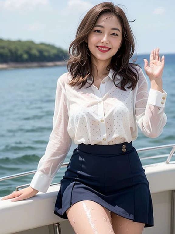 Gray background、pubic hair、Large Breasts、Thighs、Red lipstick、Cute woman、high school girl、White shirt、(Navy blue skirt)、smile、Open chest shirt、(A polka dot shirt that was wet and showed her underwear)、Wet Hair、Gazing at the sea、smile、On the boat、ponytail、