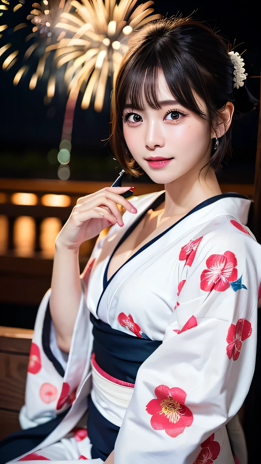 (8k、RAW Photosgraphy、Highest quality、masterpiece:1.2)、(Realistic、Realistic:1.37)、Ultra-high resolution、One Girl、cute、alone、night、Sitting、date、(Nose redness)、(Laughter:1.1)、(Closed)、Huge 、Beautiful Eyes、(short hair:1.2)、(((Fireworks bursting into the sky、night)))、(((kimono、yukata)))、Cleavage、Perfect body、Perfect Fingers、Professional Lighting、Japanese Goddess、gravure、Detailed face and skin texture、Detailed eyes、RAW Photos