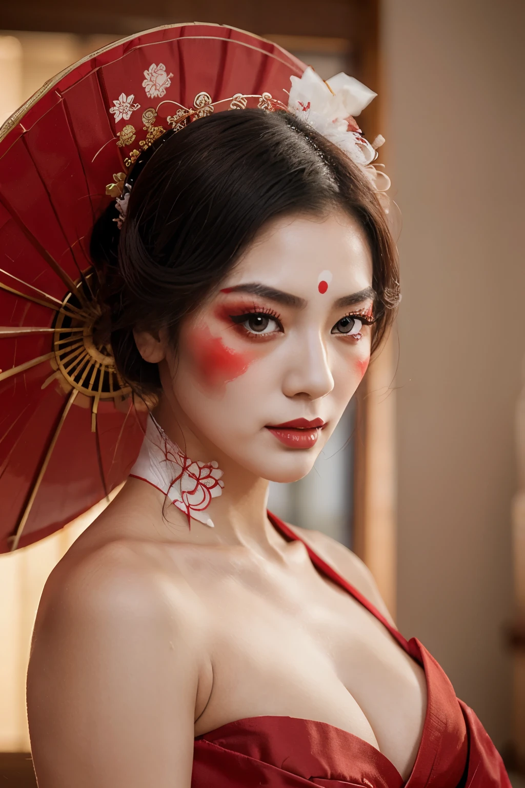 beautiful kung fu geisha dressed in red with a white makeup face