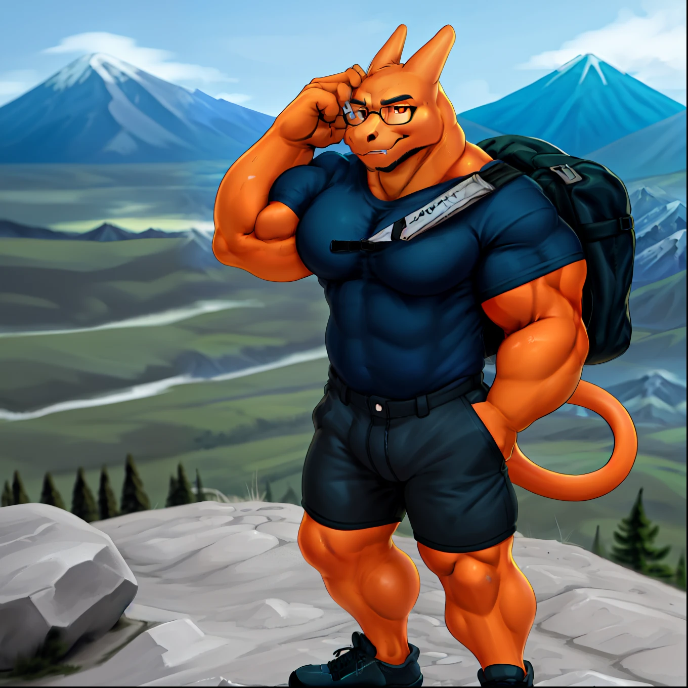 muscle, big muscle, big body, huge body, orange eyes, mountain peak background, standing one foot on the rock, look to the horizon, 3 fingers, wear glasses, wear a big backpack, wear dark blue hiking shoes, wear shorts with pockets, wear hiking t-shirt, crossed arms, reading book, flexing bicep curl