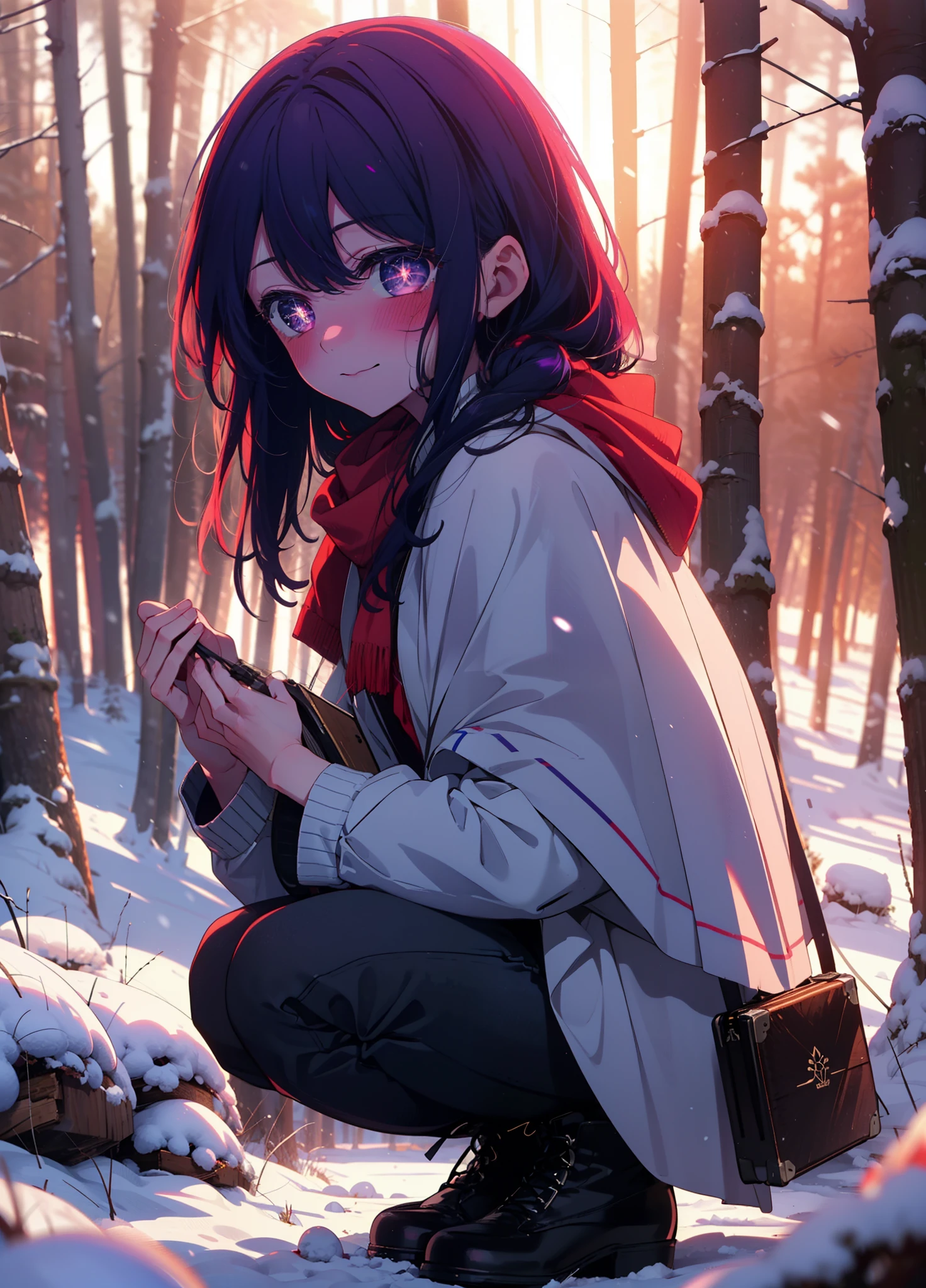 aihoshino, Ai Hoshino, Long Hair, bangs, (Purple eyes:1.1), Purple Hair, (Symbol-shaped pupil:1.5), smile,,smile,blush,white breath,
Open your mouth,snow,Ground bonfire, Outdoor, boots, snowing, From the side, wood, suitcase, Cape, Blurred, , forest, White handbag, nature, Squat, Mouth closed, Cape, winter, Written boundary depth, Black shoes, red Cape break looking at viewer, Upper Body, whole body, break Outdoor, forest, nature, break (masterpiece:1.2), Highest quality, High resolution, unity 8k wallpaper, (shape:0.8), (Beautiful and beautiful eyes:1.6), Highly detailed face, Perfect lighting, Highly detailed CG, (Perfect hands, Perfect Anatomy),