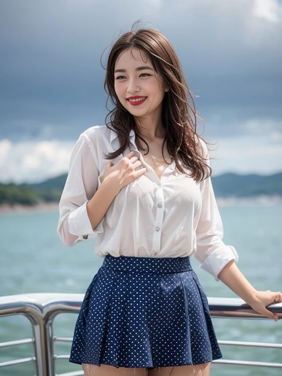 Gray background、pubic hair、Large Breasts、Thighs、Red lipstick、Cute woman、high school girl、White shirt、(Navy blue skirt)、smile、Open chest shirt、(A polka dot shirt that was wet and showed her underwear)、Wet Hair、Gazing at the sea、smile、On the boat、Raising his arms、Looking from below、Cloud、